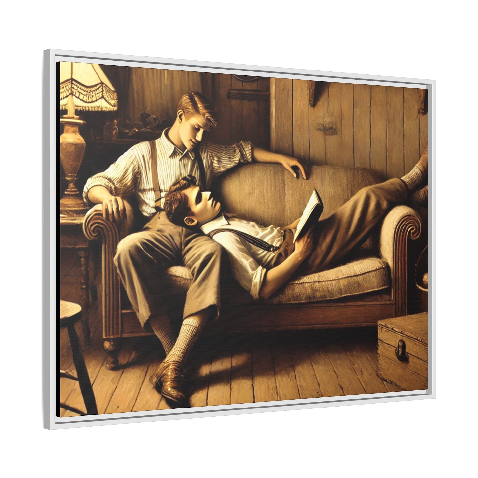 Art of a gay couple sharing an intimate moment on a cozy sofa in a rustic living room, inspired by Grant Wood’s style