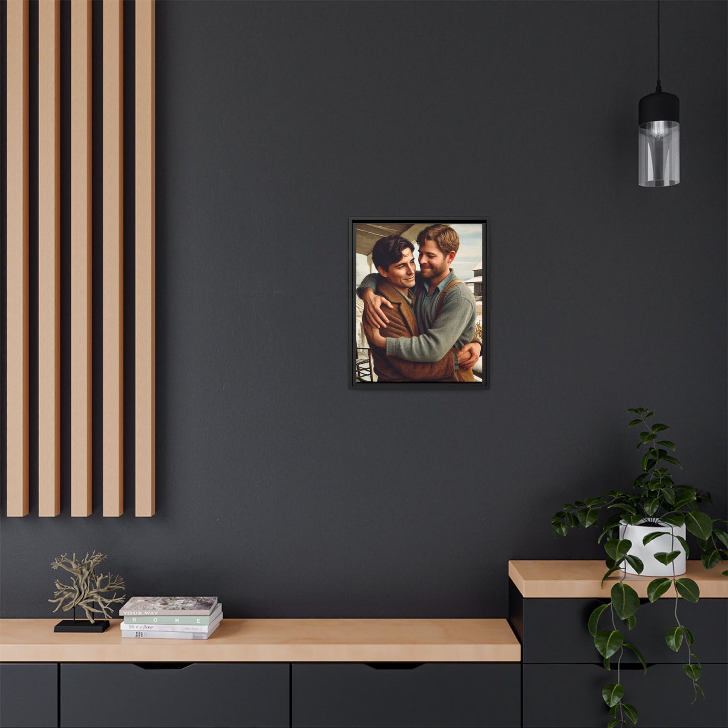 Artwork of a tender moment between two men embracing on a rustic farm porch in 1930s-style clothing. Set against a snowy, vintage rural backdrop, this image captures LGBTQ+ love and connection with a nostalgic Americana feel