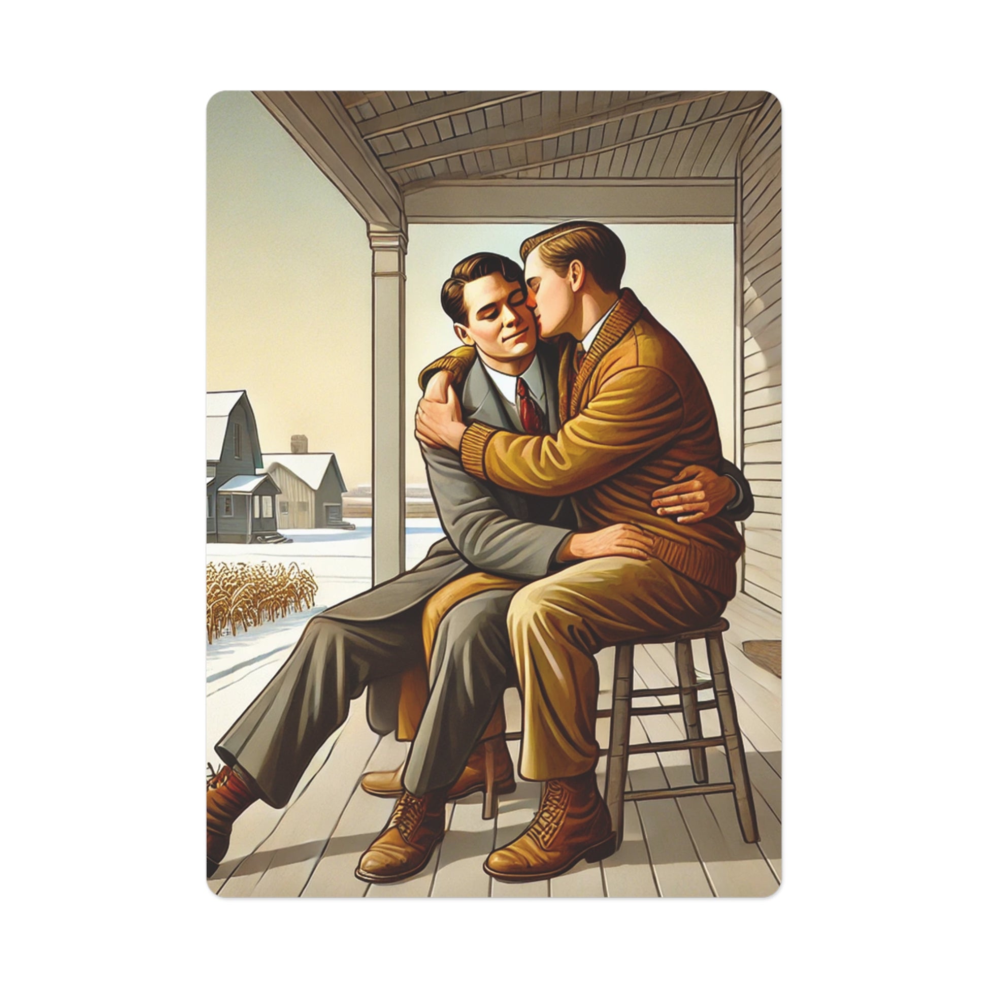 A romantic winter scene of boyfriends on a porch, sharing a private embrace on Christmas morning, inspired by Grant Wood’s Americana style.