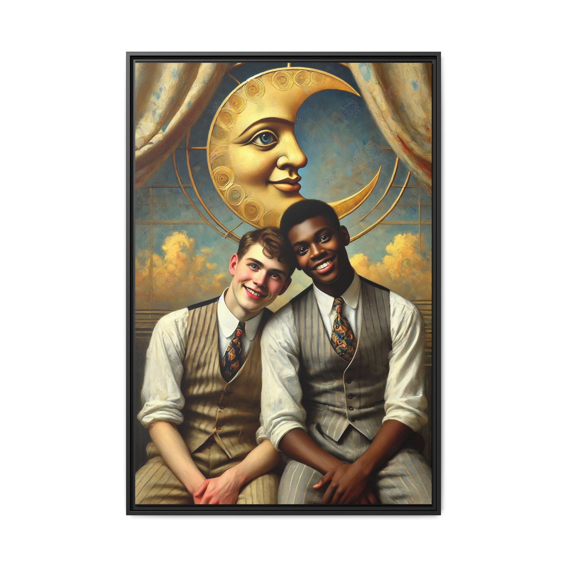 A vintage-style artwork showing a young interracial gay couple in 1920s attire sitting beneath a golden crescent moon with a serene expression. Their joyful closeness reclaims erased queer history and reflects the beauty of interracial love through a lens of tenderness and celebration.