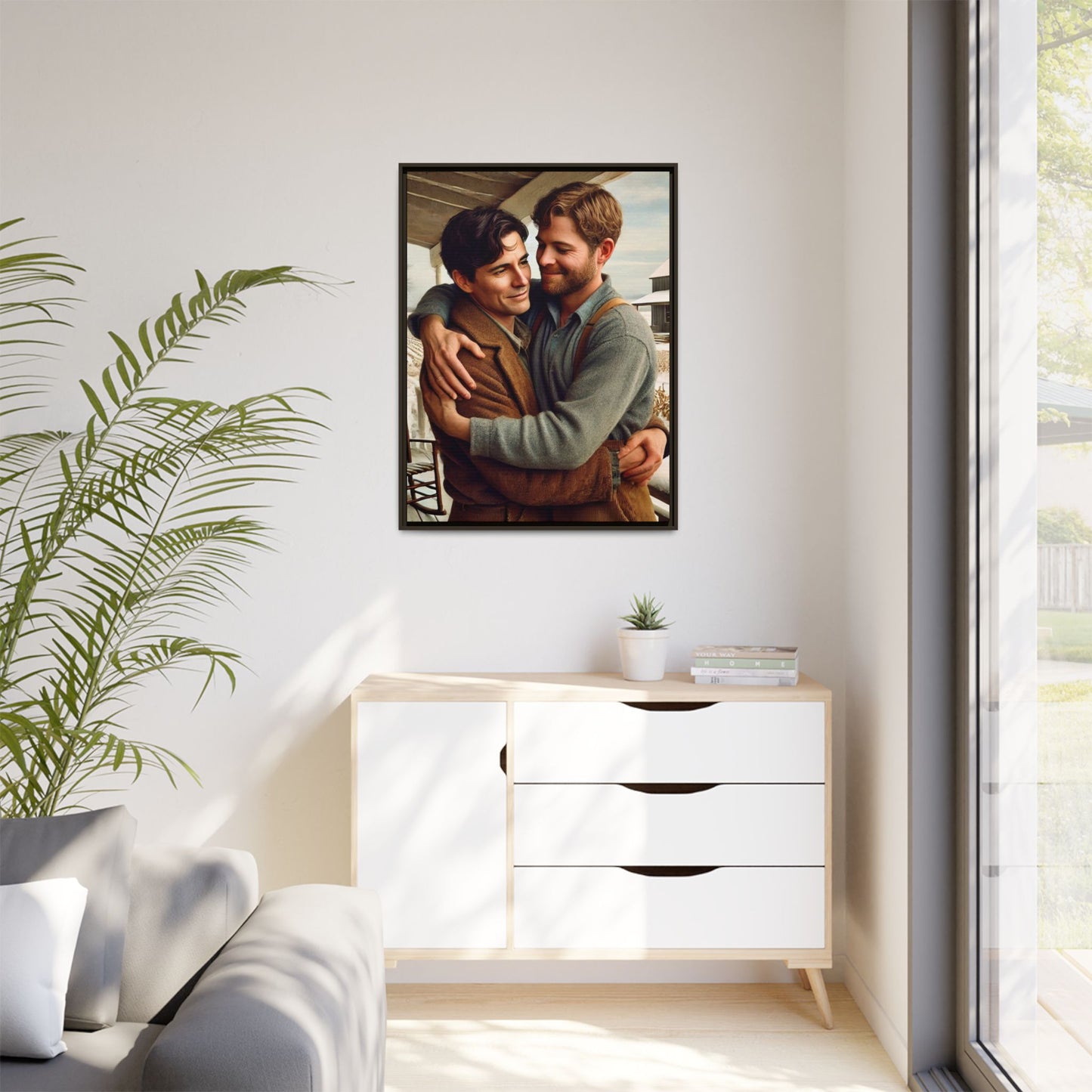 Artwork of a tender moment between two men embracing on a rustic farm porch in 1930s-style clothing. Set against a snowy, vintage rural backdrop, this image captures LGBTQ+ love and connection with a nostalgic Americana feel