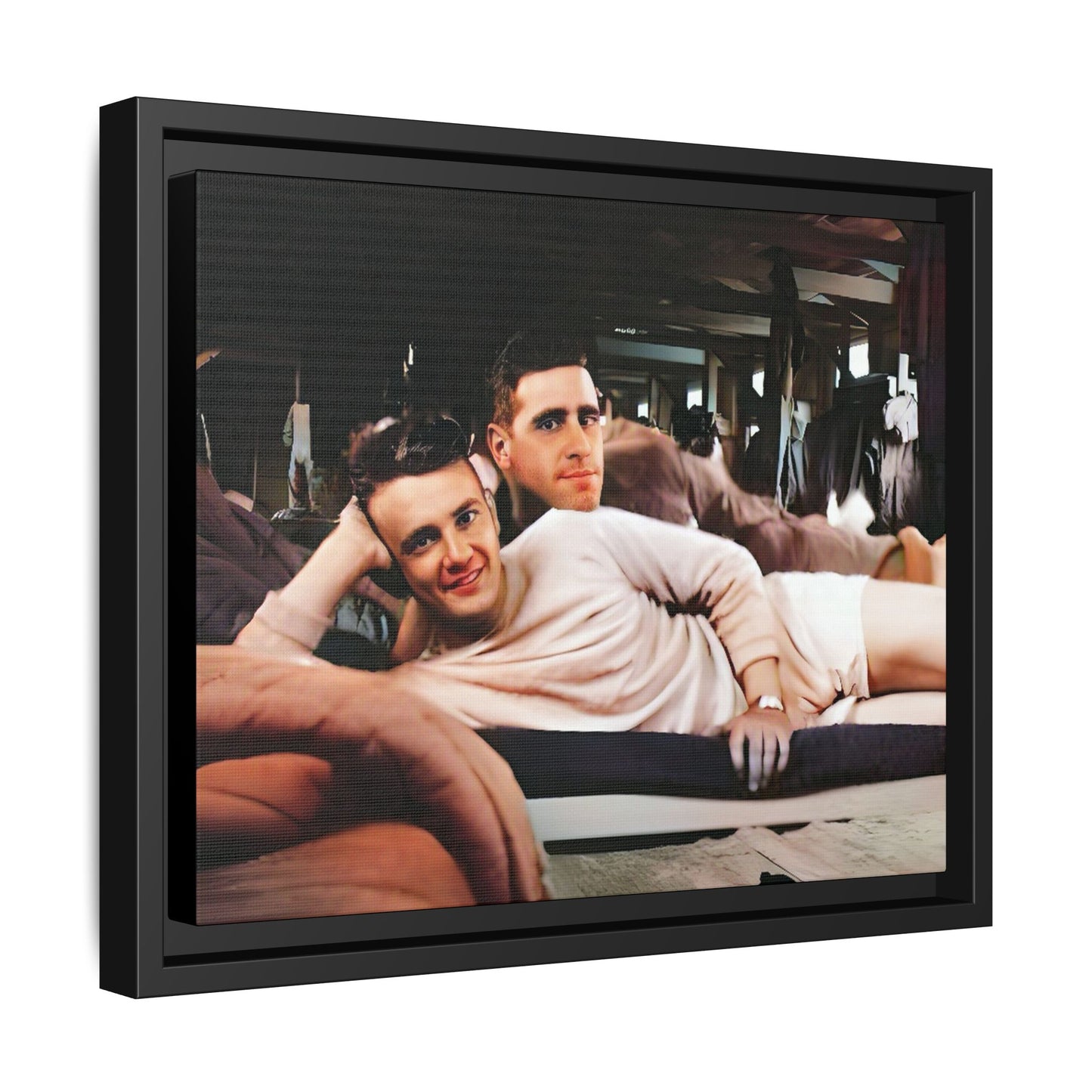 Restored 1940s photo of Jules & Seymour, a gay couple lounging together at Camp Campbell KY, framed matte canvas art.