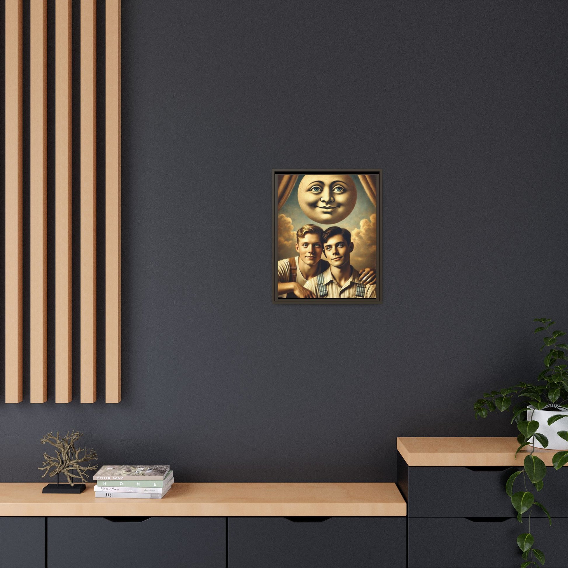 Framed matte canvas portrait featuring two young men in vintage overalls with a crescent moon prop above them. This artwork from the Missing Art Studies series reclaims LGBTQ+ imagery that may have been lost to bias, presenting warmth, intimacy, and presence.