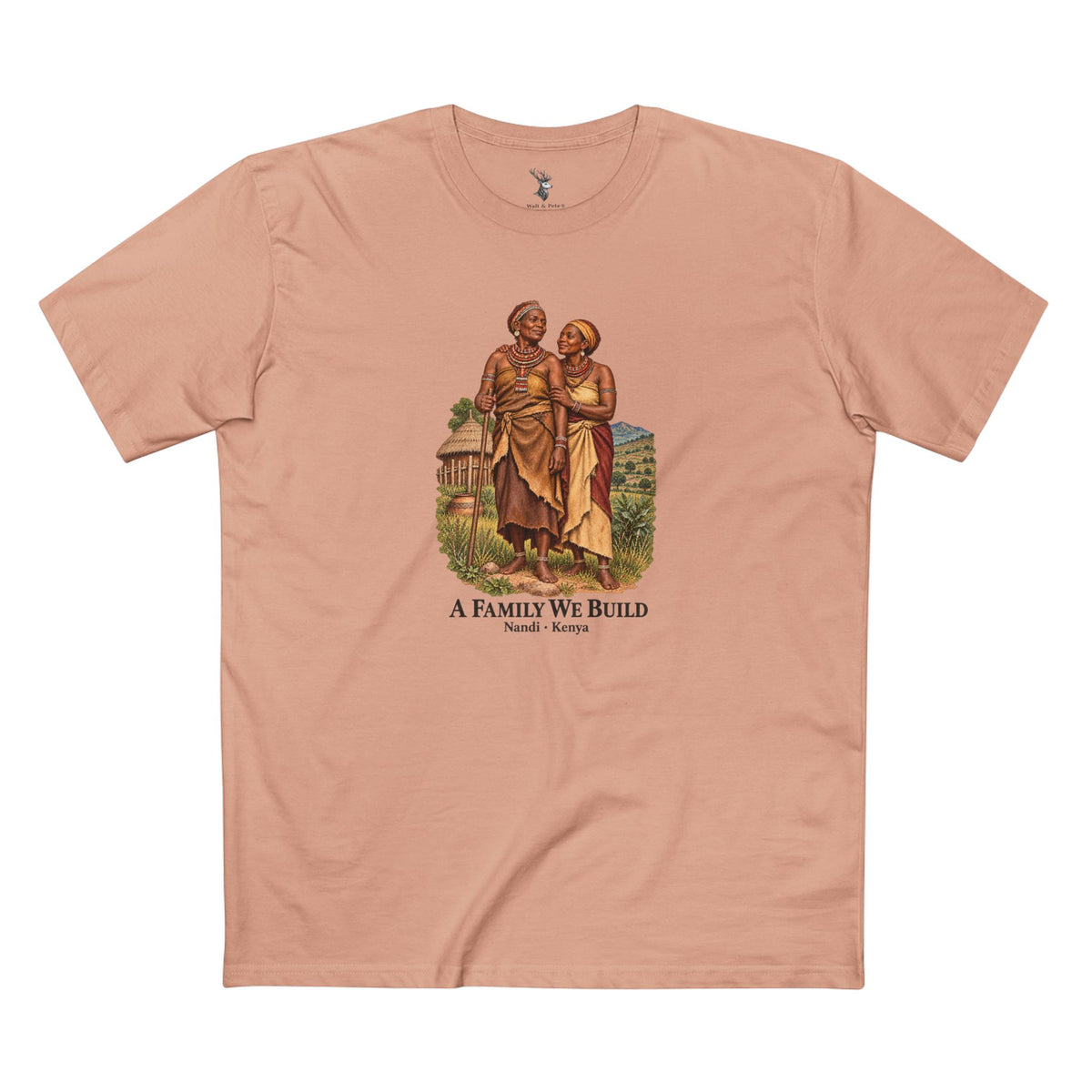 Light T-shirt with an illustration of two women in a Kenya-inspired highland setting and charcoal lettering reading A Family We Build, Nandi · Kenya.