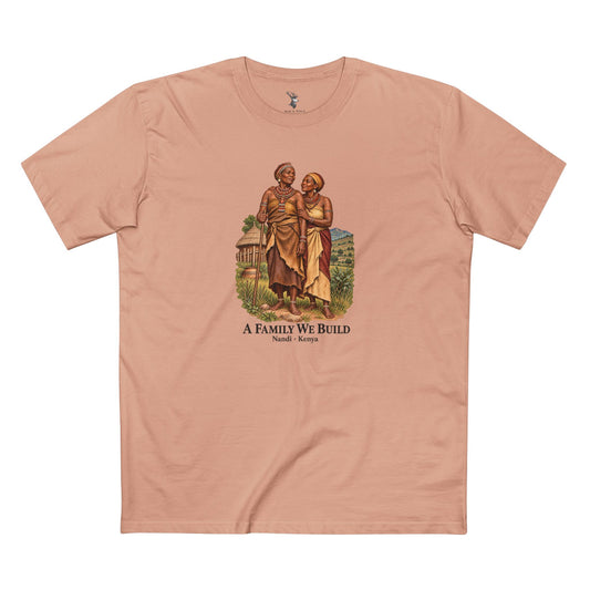 Light T-shirt with an illustration of two women in a Kenya-inspired highland setting and charcoal lettering reading A Family We Build, Nandi · Kenya.