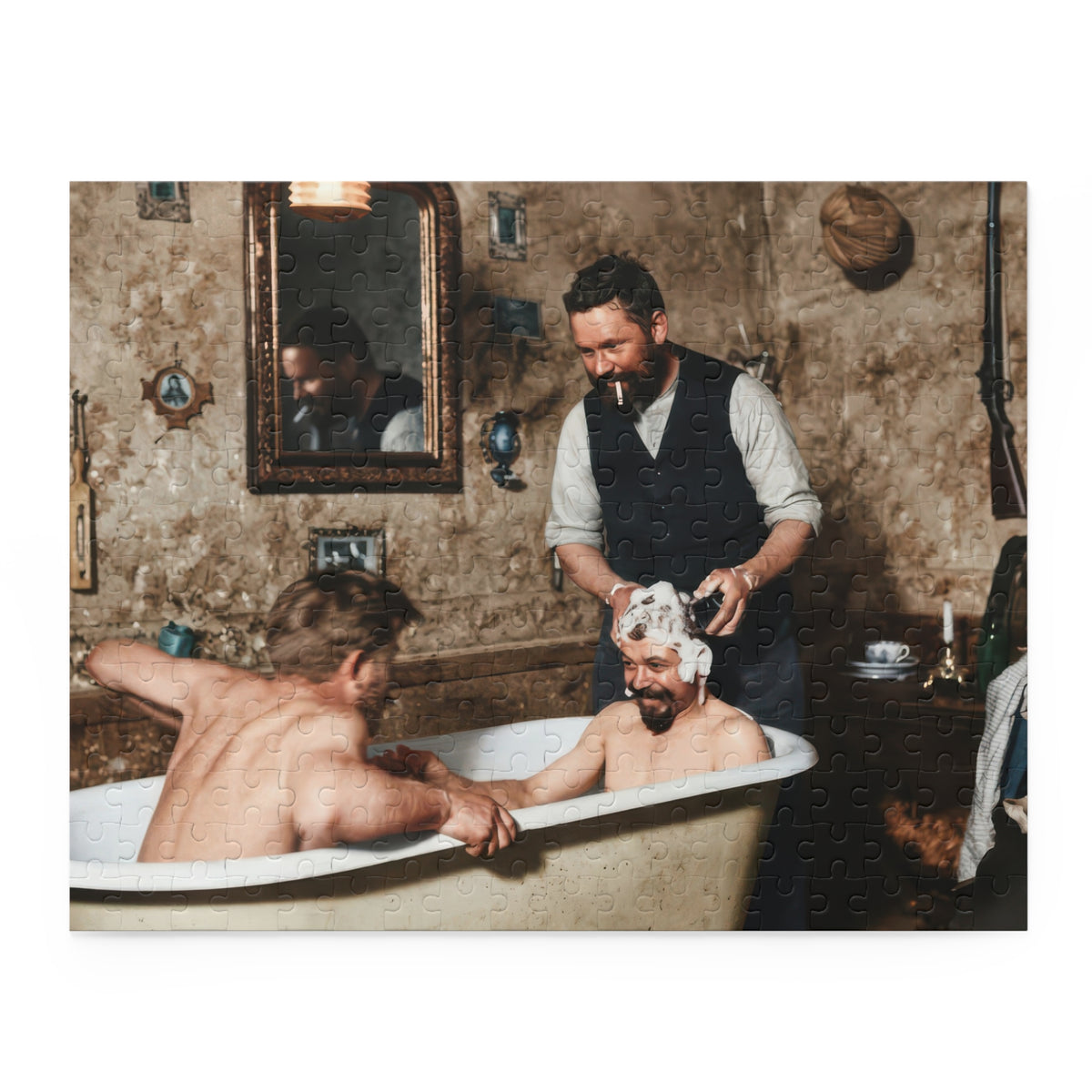 Vintage Bathtub Photo jigsaw puzzle featuring two bathers, white hair lather, a standing man, and an ornate mirror
