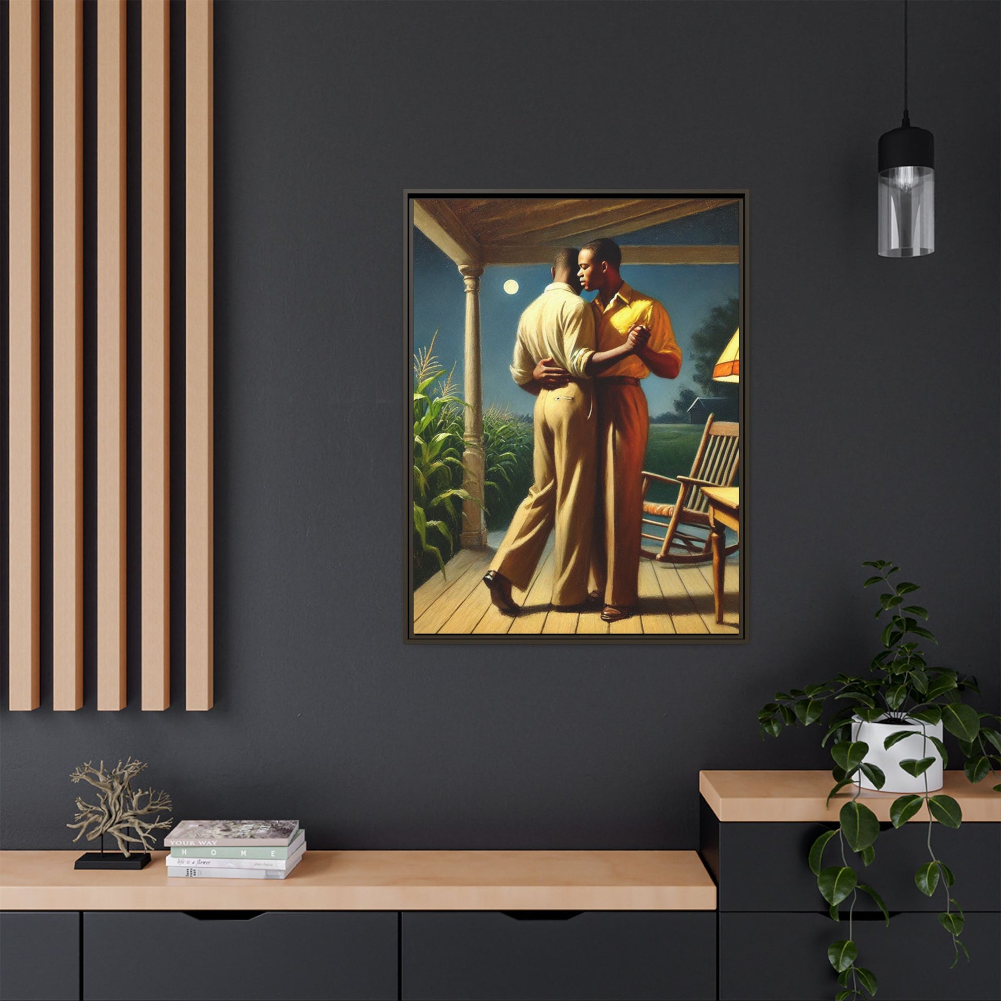 Artwork of an African-American gay couple dancing on a porch under the moonlight, inspired by Grant Wood’s style.