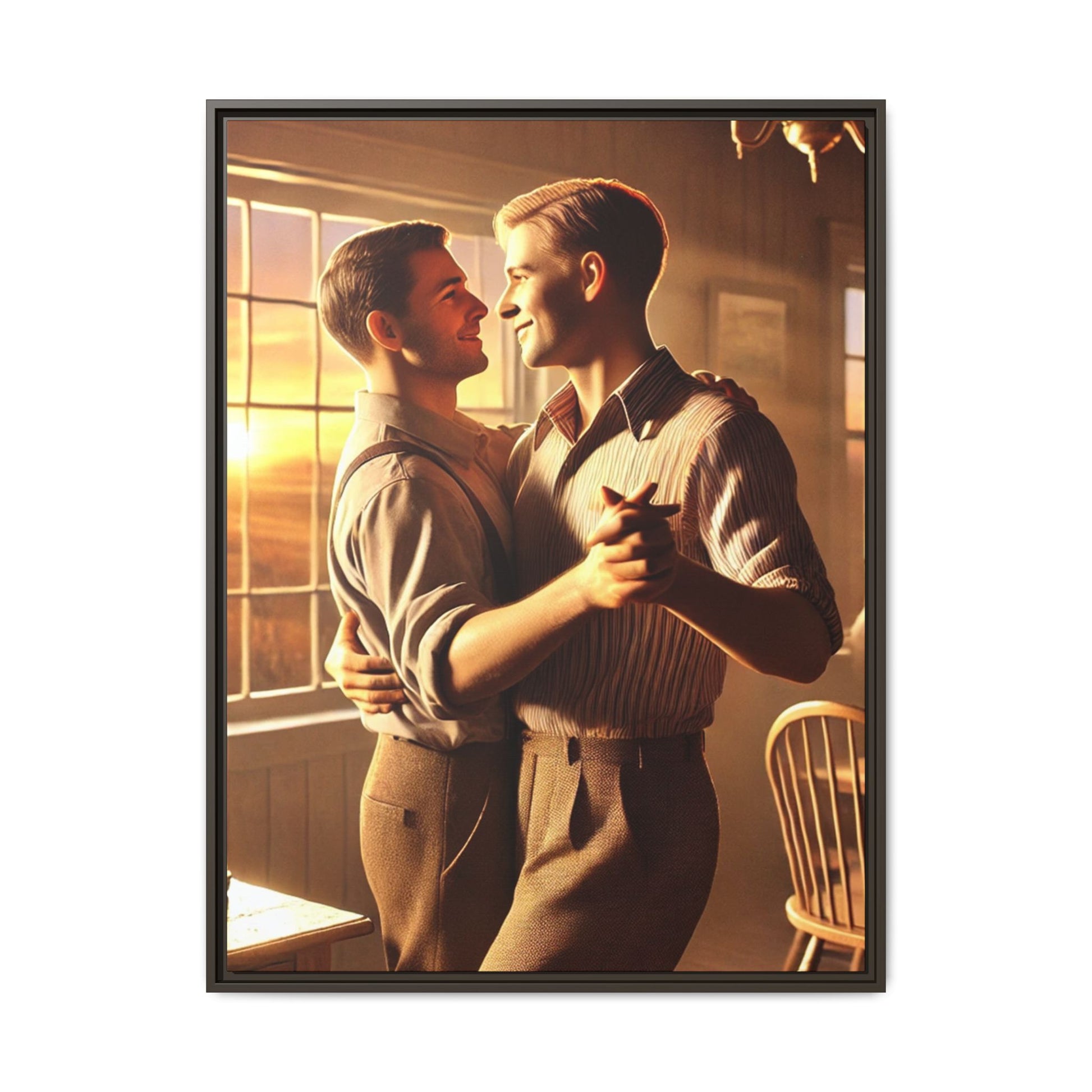 Art of a gay couple dancing in a sunlit dining room, inspired by Grant Wood’s Americana style and celebrating love.