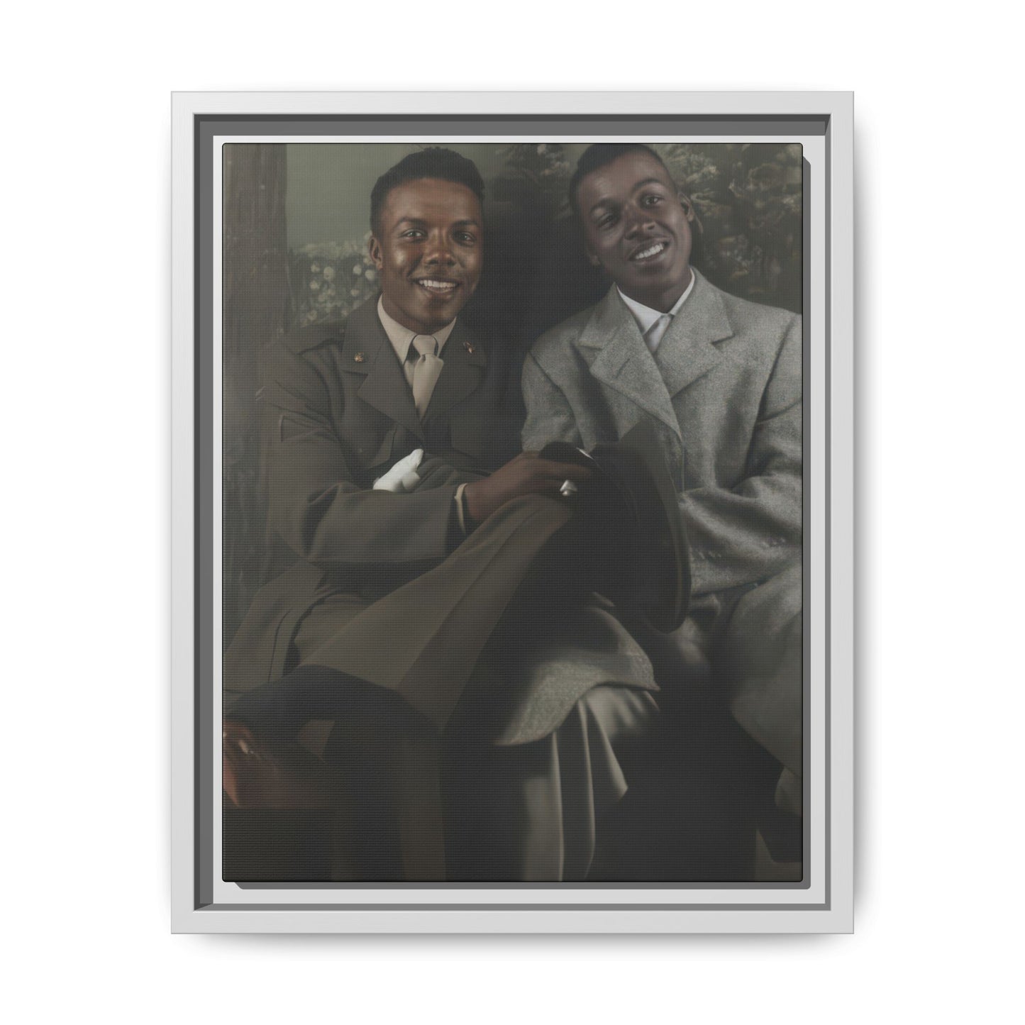Mid-century style seated portrait of two African-American men smiling in a studio setting with tree backdrop and hat