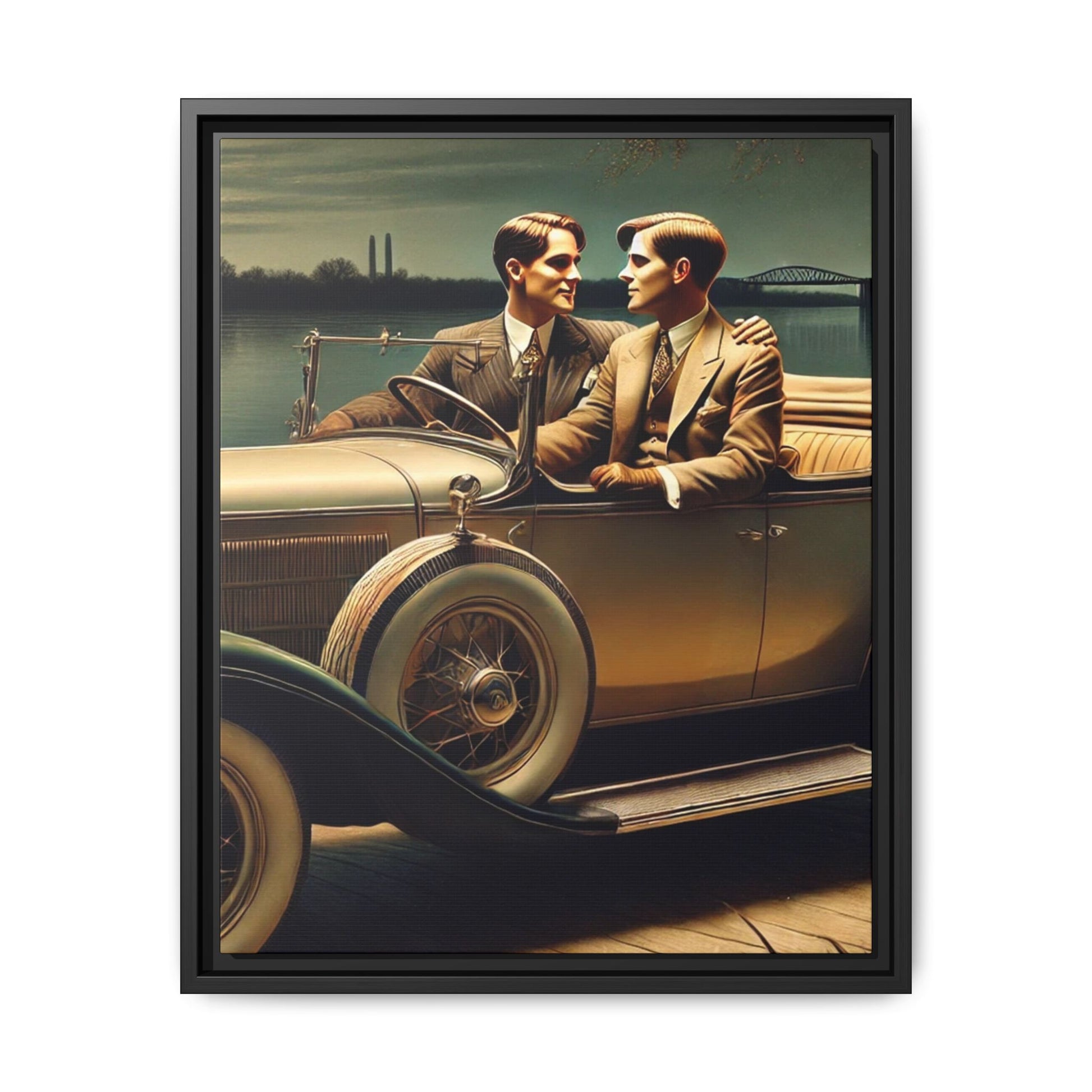 Vintage-style artwork of a gay couple in a 1930 Packard car by the Mississippi River under moonlight, celebrating love and history.