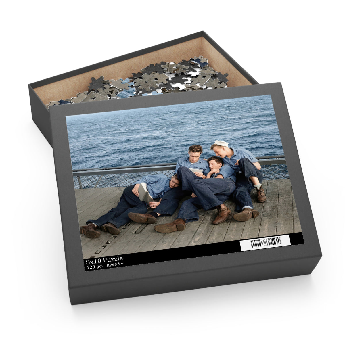 Sailors Reading aboard USS Lexington jigsaw puzzle featuring four seated and reclining men, books, deck planks, and blue water.