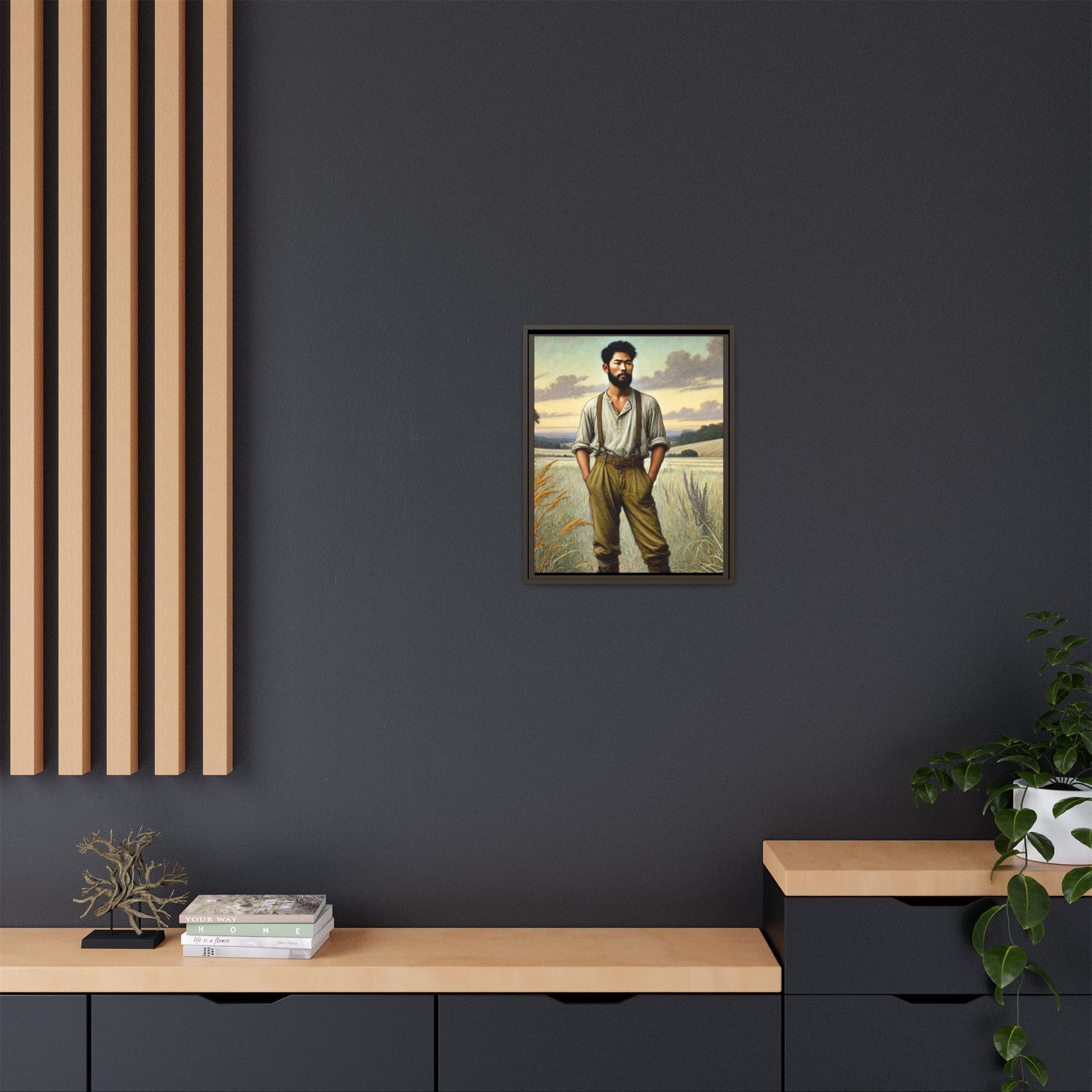 Framed artwork of an Asian-American farmer in 19th-century attire, inspired by Walt Whitman’s Leaves of Grass and Song of Myself, set against a serene rural backdrop of golden wheat fields and rolling hills.