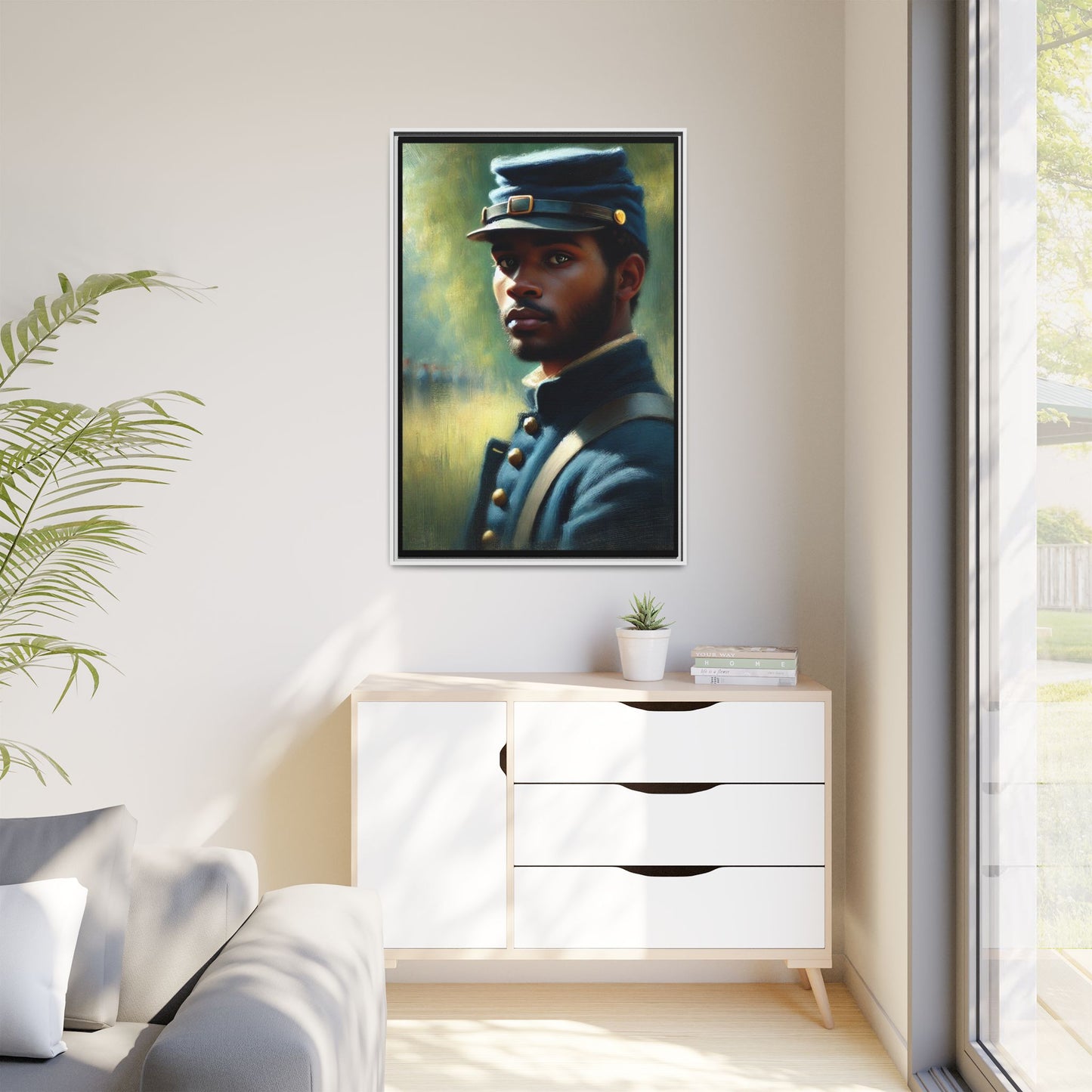 Portrait of an African American Civil War Union soldier in a kepi and navy wool coat, inspired by Walt Whitman’s Drum-Taps, honoring bravery, sacrifice, and resilience.