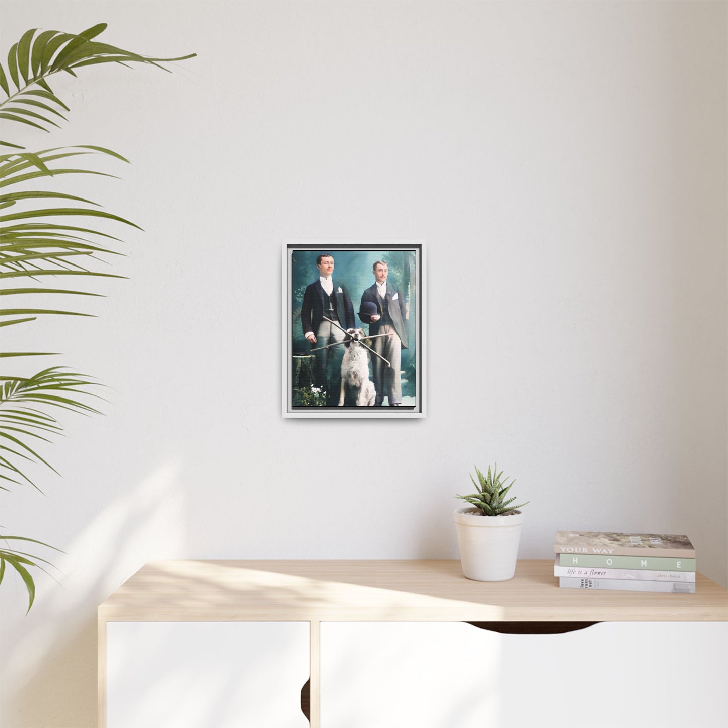 Restored vintage photograph of Patrick and Everett, an Edwardian gay couple with their loyal dog, taken in early 1900s Frankfort, Kentucky. Framed matte canvas print celebrating LGBTQ+ history, love, and companionship.