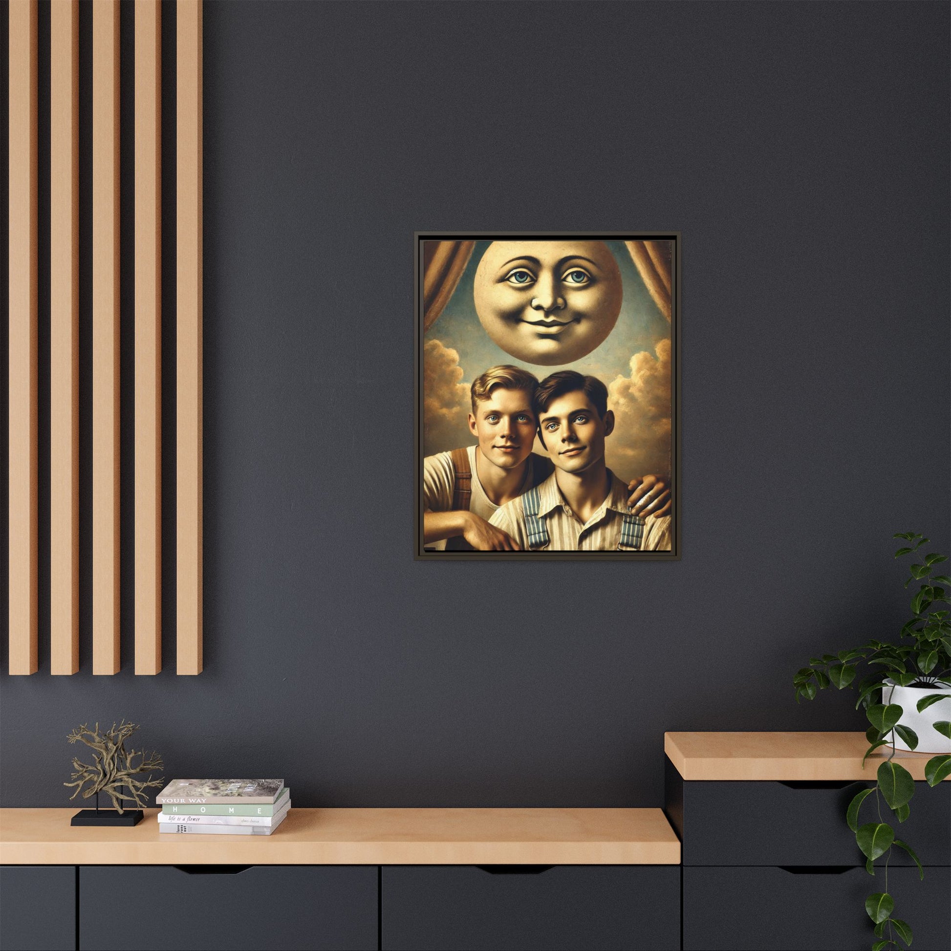 Framed matte canvas portrait featuring two young men in vintage overalls with a crescent moon prop above them. This artwork from the Missing Art Studies series reclaims LGBTQ+ imagery that may have been lost to bias, presenting warmth, intimacy, and presence.