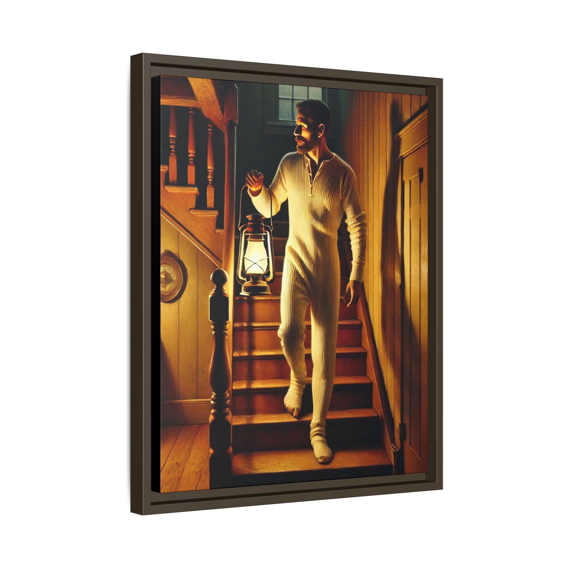 Atmospheric artwork of a man descending wooden stairs with a lantern, inspired by Grant Wood’s rural themes.