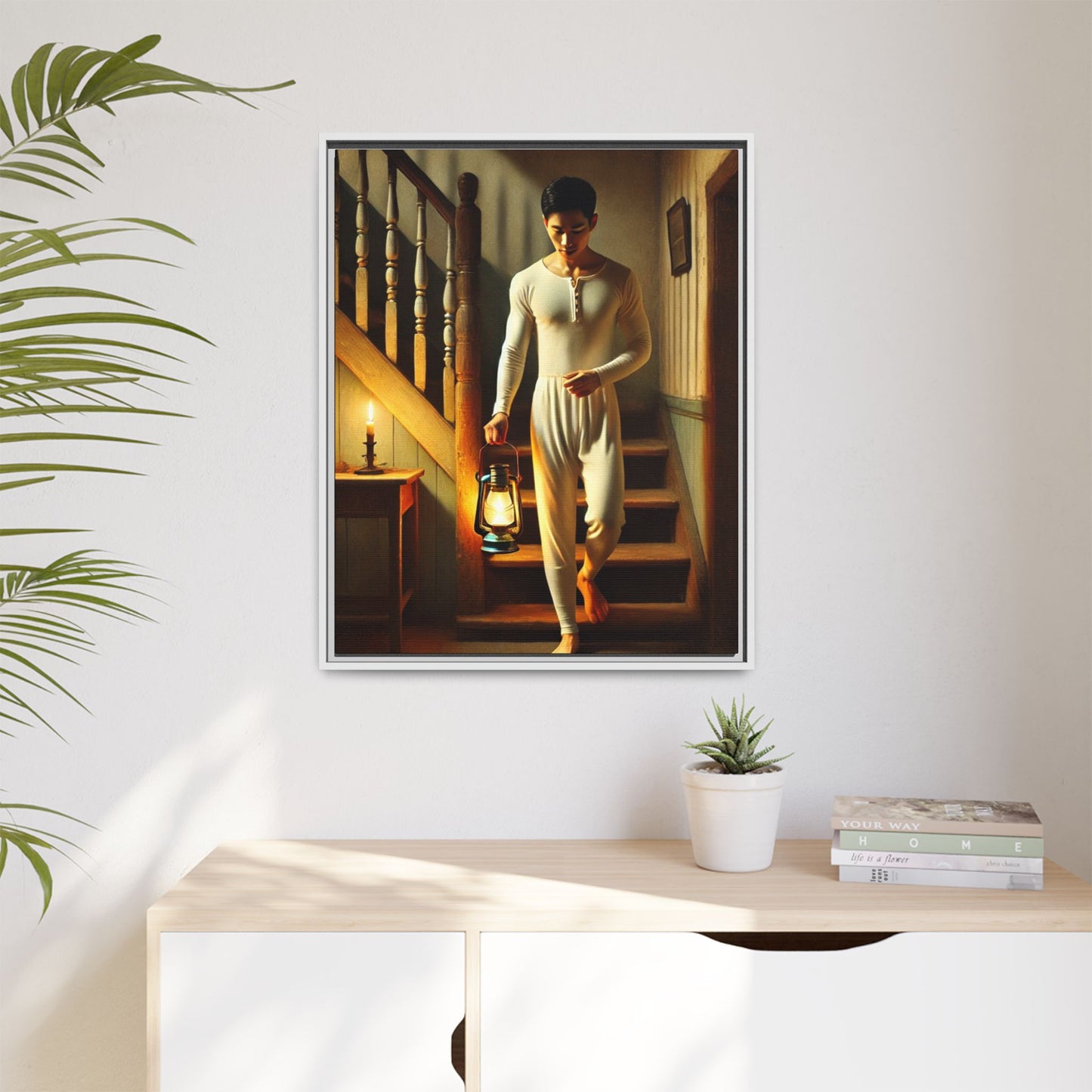 Framed artwork of an Asian-American man wearing long johns underwear holding a lantern on a staircase, inspired by Grant Wood’s style.