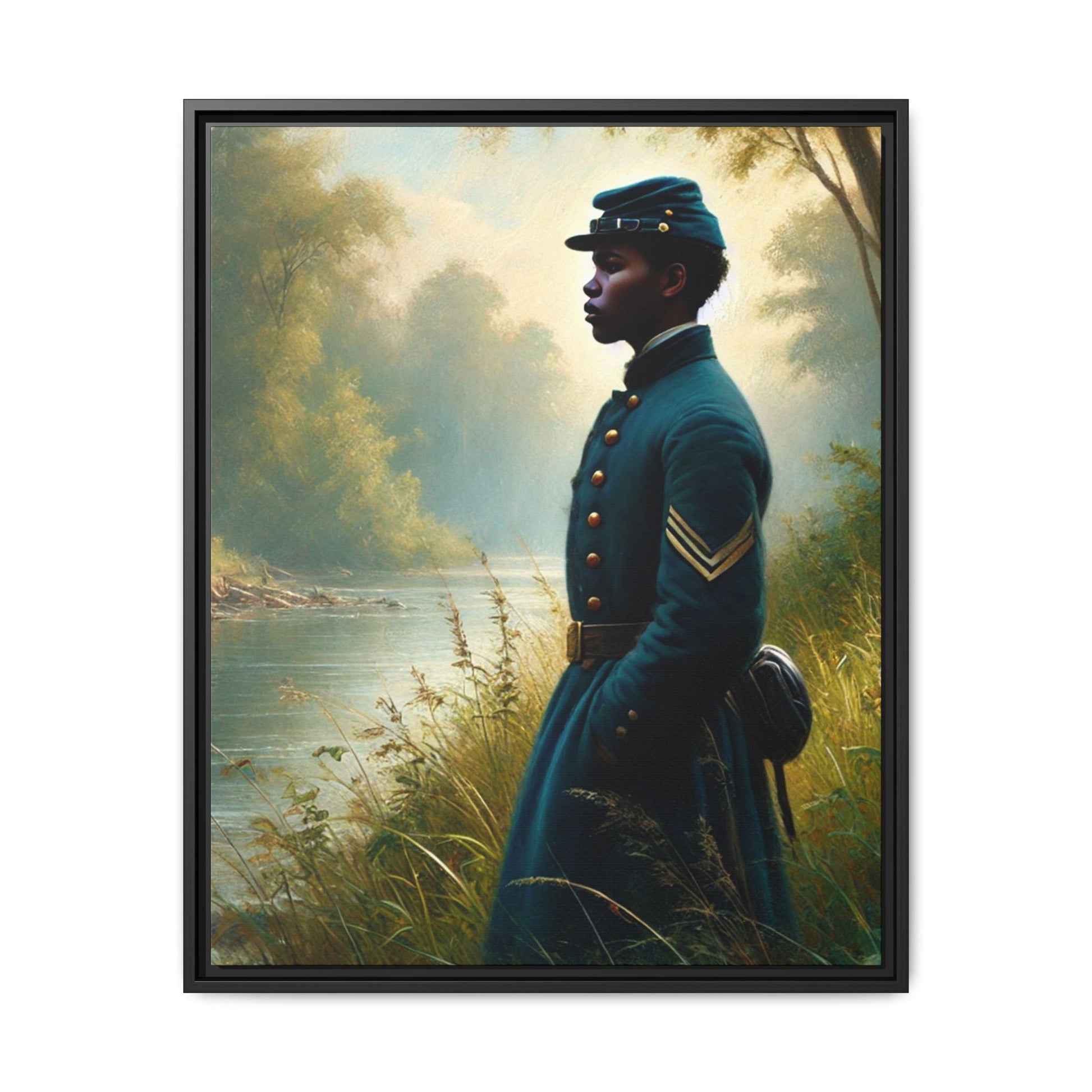 Portrait of an African American Union soldier standing solemnly by a riverside, inspired by Walt Whitman’s Leaves of Grass and Drum-Taps, honoring sacrifice, resilience, and history. Grant Wood Inspired