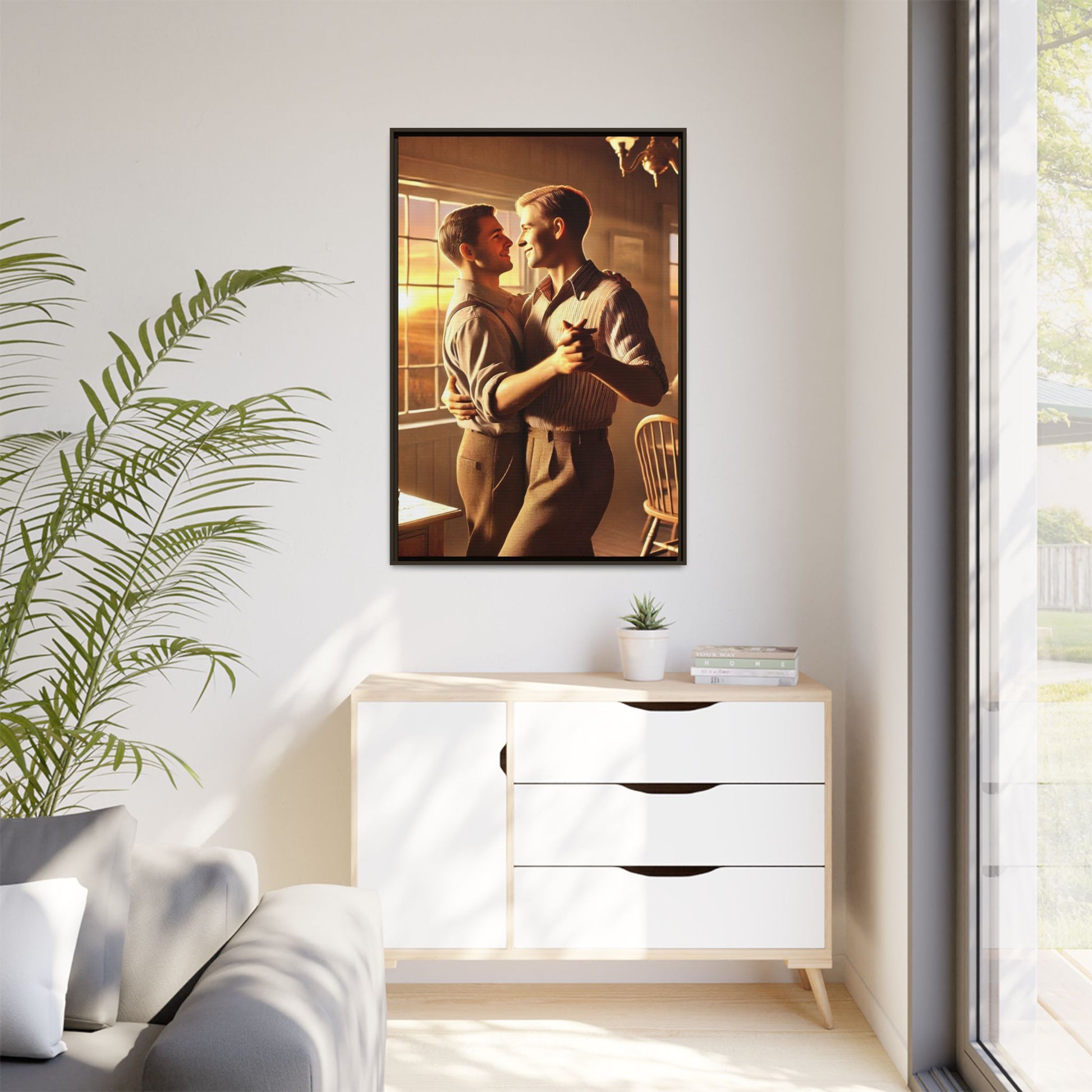 Art of a gay couple dancing in a sunlit dining room, inspired by Grant Wood’s Americana style and celebrating love.