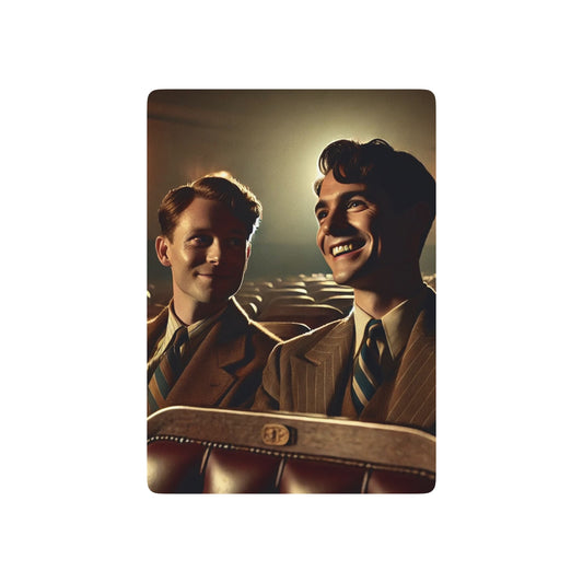 Limited edition poker deck featuring a vintage 1940s movie theater scene with two men sharing a quiet moment of love.