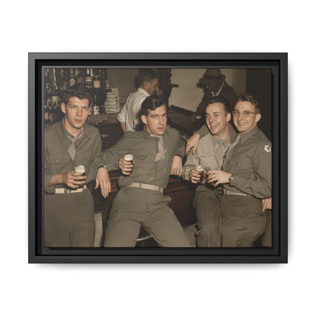 Restored colorized photograph of four men in military-style shirts and ties holding drinks before a bottle-lined bar.