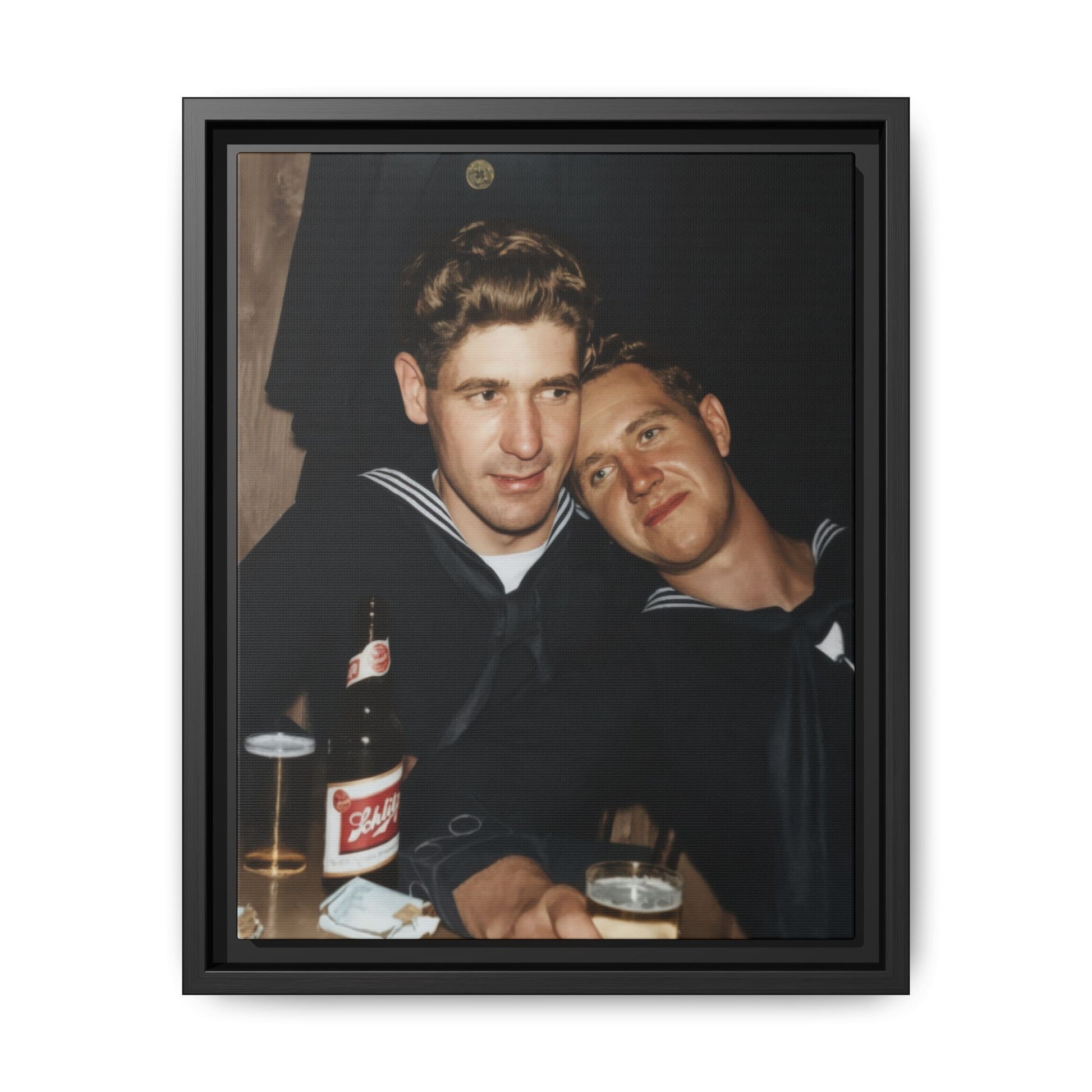 Mid-20th century naval double portrait of two sailors seated at a table with bottles and drinks