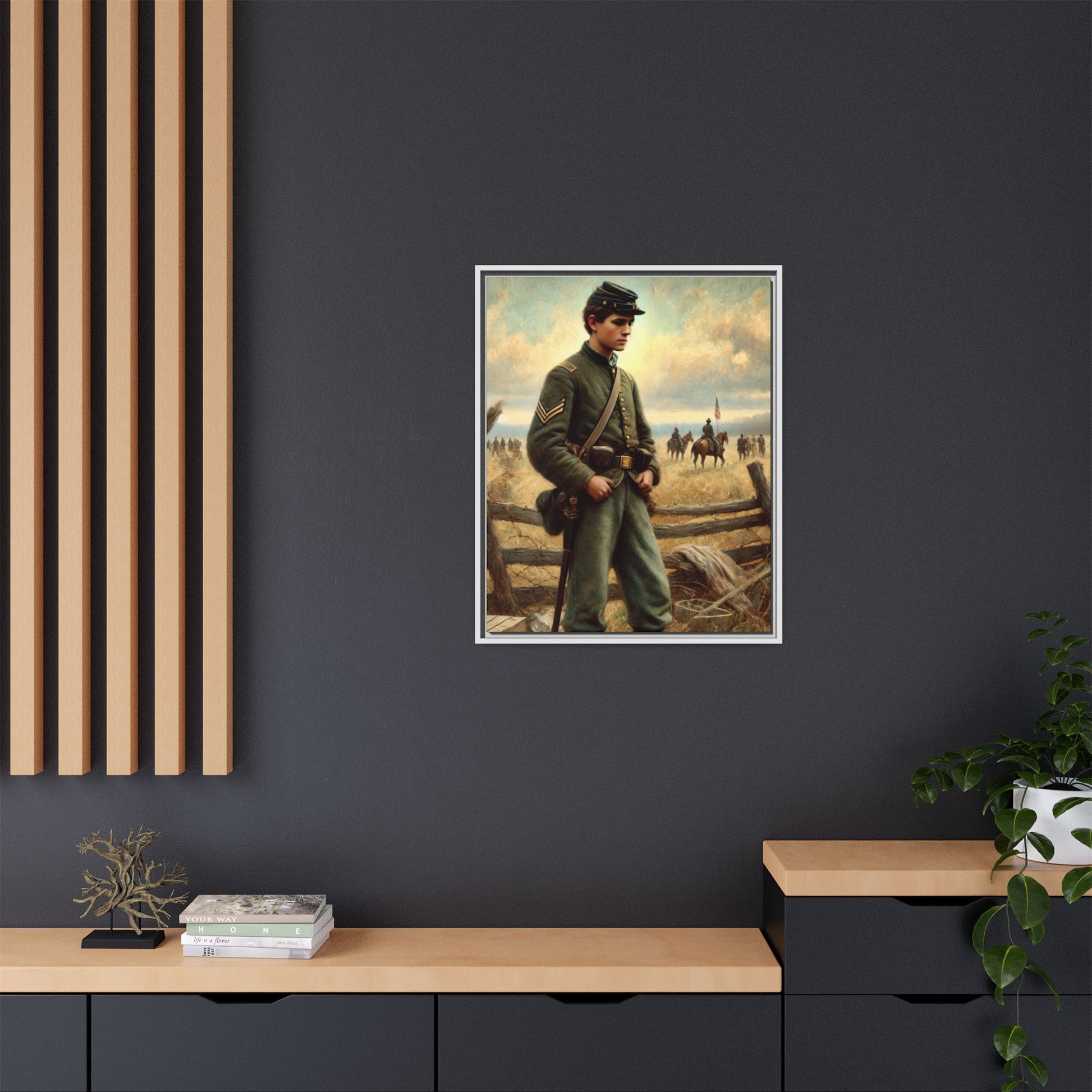 Framed artwork of a young Civil War Union soldier inspired by Walt Whitman’s Drum-Taps poems and Grant Wood's style, depicting battlefield sacrifice, humanity, and historical charm.