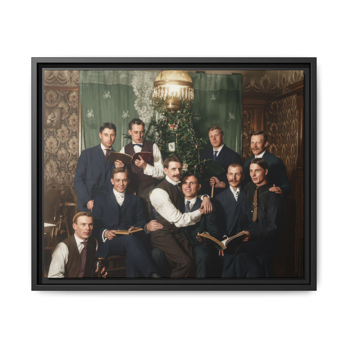 Nine men seated and standing in a patterned interior, with open books, green drapery, and a Christmas tree behind them.