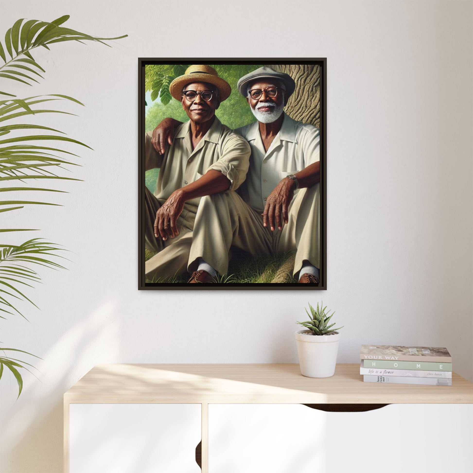 Framed artwork of a gay African-American couple in Cedar Rapids, Iowa, 1930s, celebrating love and resilience.