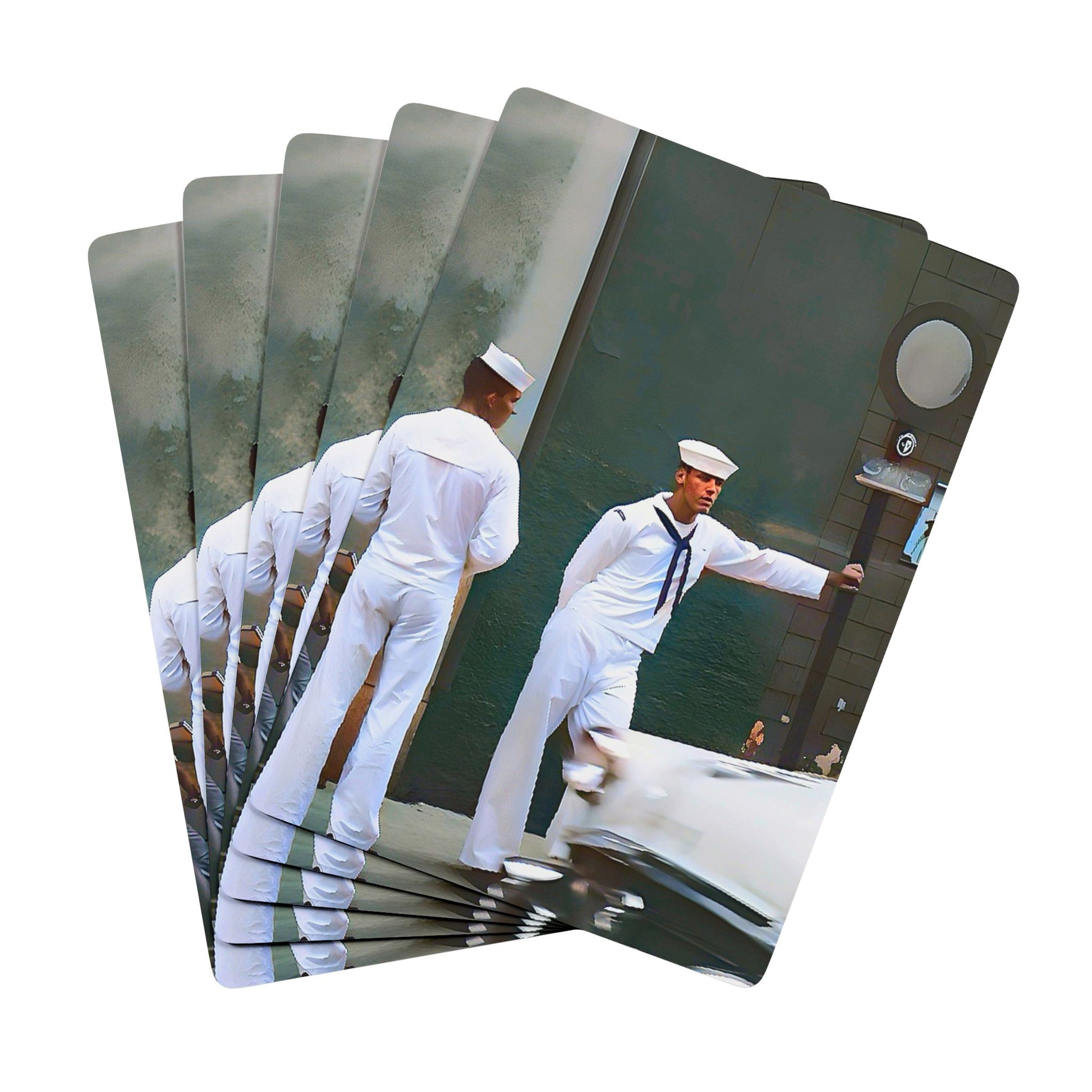 Vintage poker cards featuring two sailors on shore leave, symbolizing LGBTQ+ military history and hidden queer bonds.