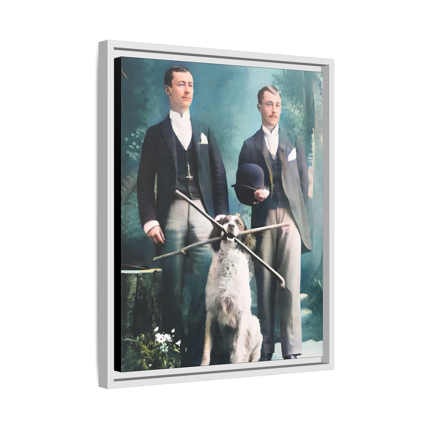 Restored vintage photograph of Patrick and Everett, an Edwardian gay couple with their loyal dog, taken in early 1900s Frankfort, Kentucky. Framed matte canvas print celebrating LGBTQ+ history, love, and companionship.