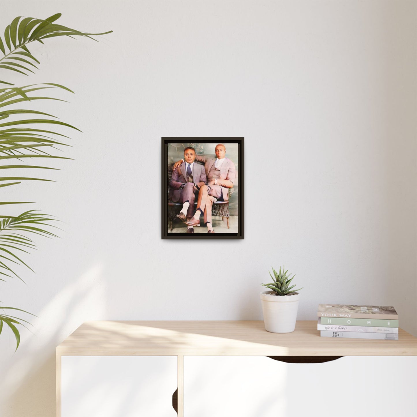 Restored vintage portrait of Walter & George, an African American gay couple seated in Birmingham AL, framed canvas art.