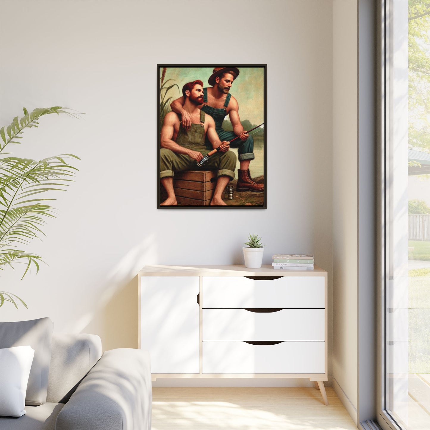 Vintage-style artwork of a gay couple fishing by a tranquil lake in the 1930s, celebrating love and nature.