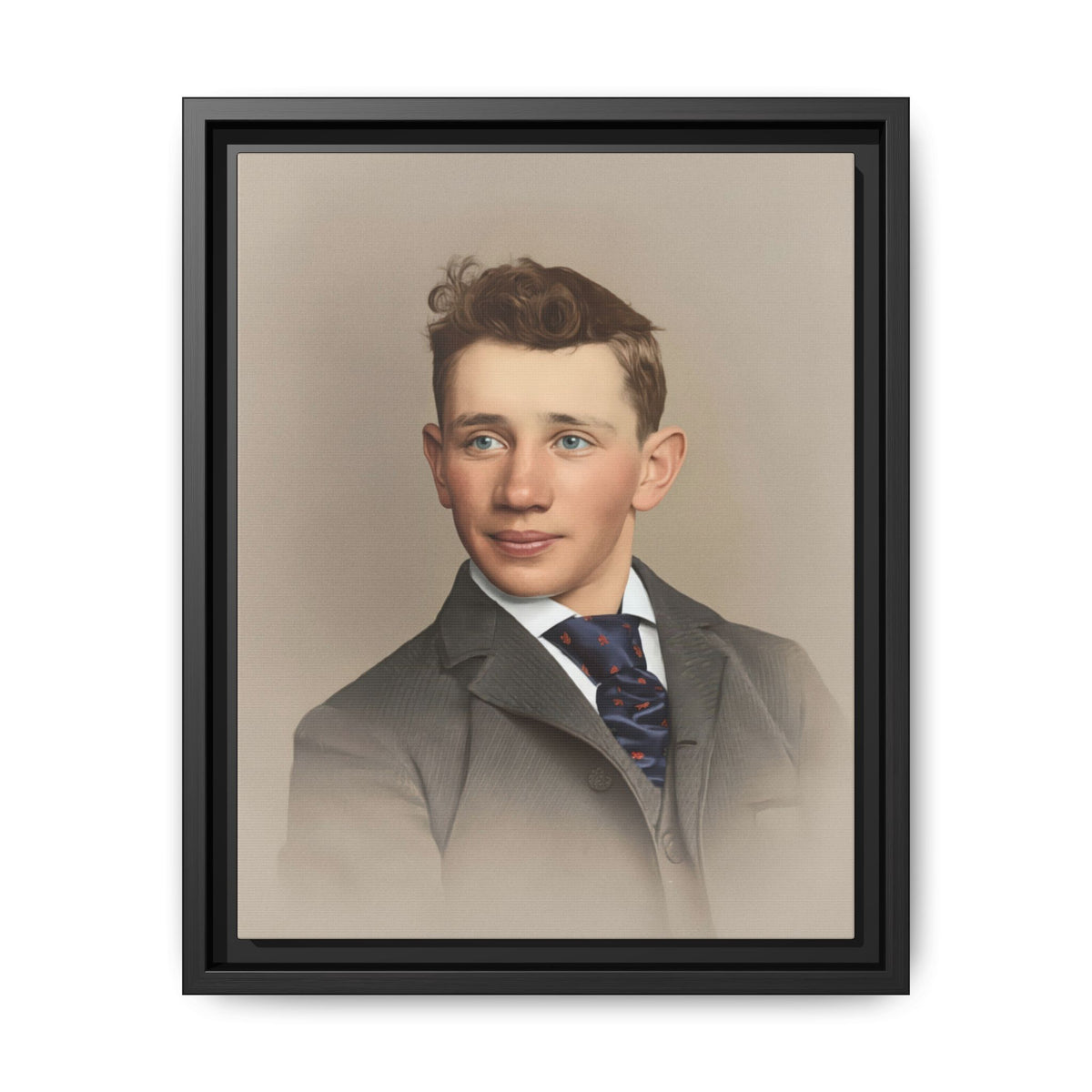 Restored studio portrait of a young man with wavy brown hair, a finely striped gray jacket, white collar, and patterned blue tie.