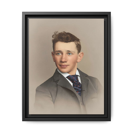 Restored studio portrait of a young man with wavy brown hair, a finely striped gray jacket, white collar, and patterned blue tie.