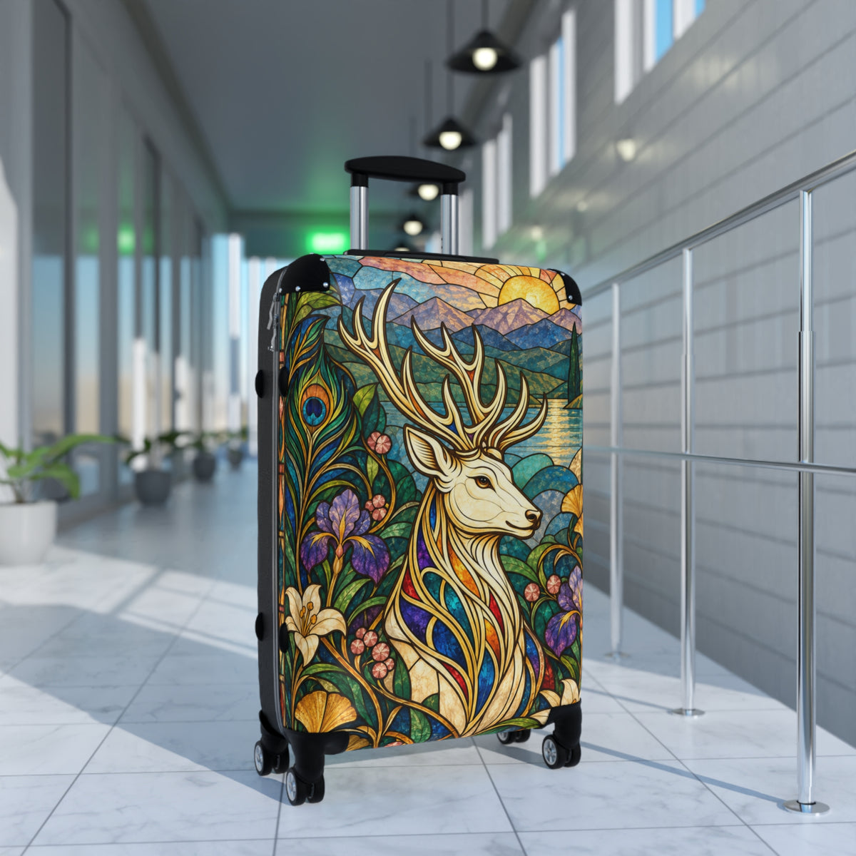 The Jeweled Sentinel Stained Glass Stag Suitcase | Aesthetic Movement Luggage