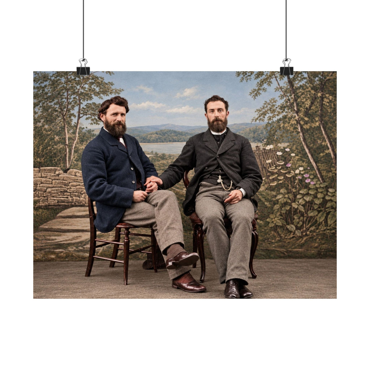 Restored Victorian photograph showing a pocket-watch chain, polished shoes, joined hands, and a painted backdrop of trees and water.