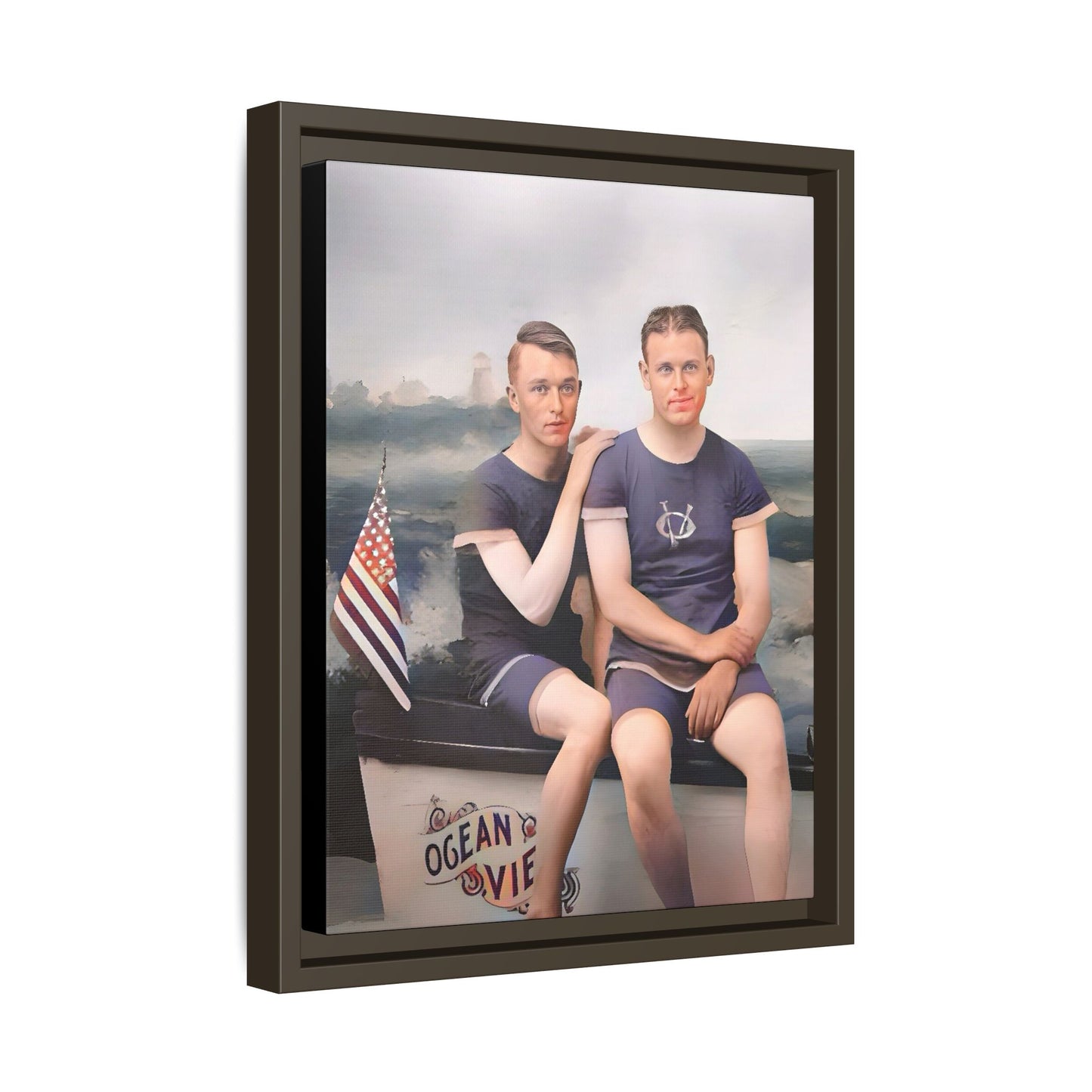 Restored vintage 1920s photo of Lee & Gerald, a gay couple in nautical swimwear by the ocean in Jacksonville FL, framed canvas art.