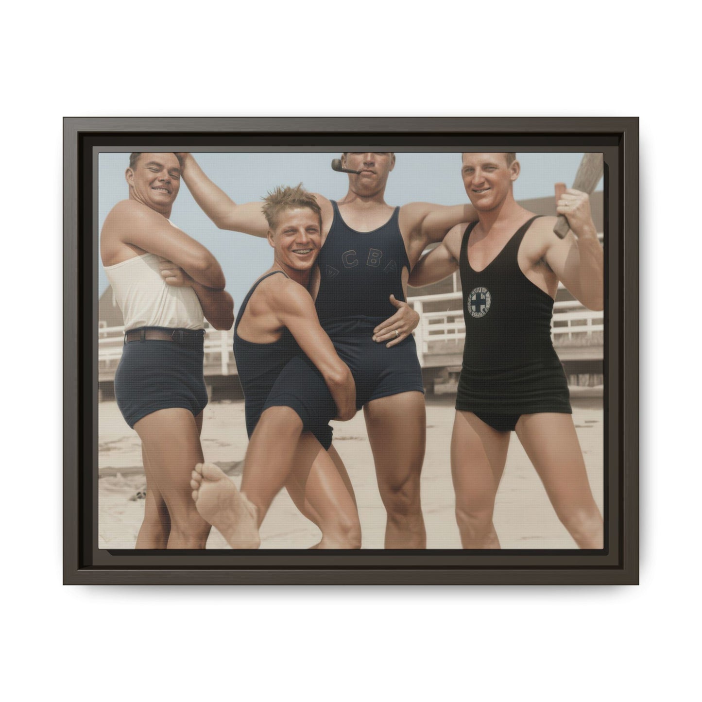 Vintage seaside wall art featuring four men in bathing suits posed in an energetic outdoor scene 