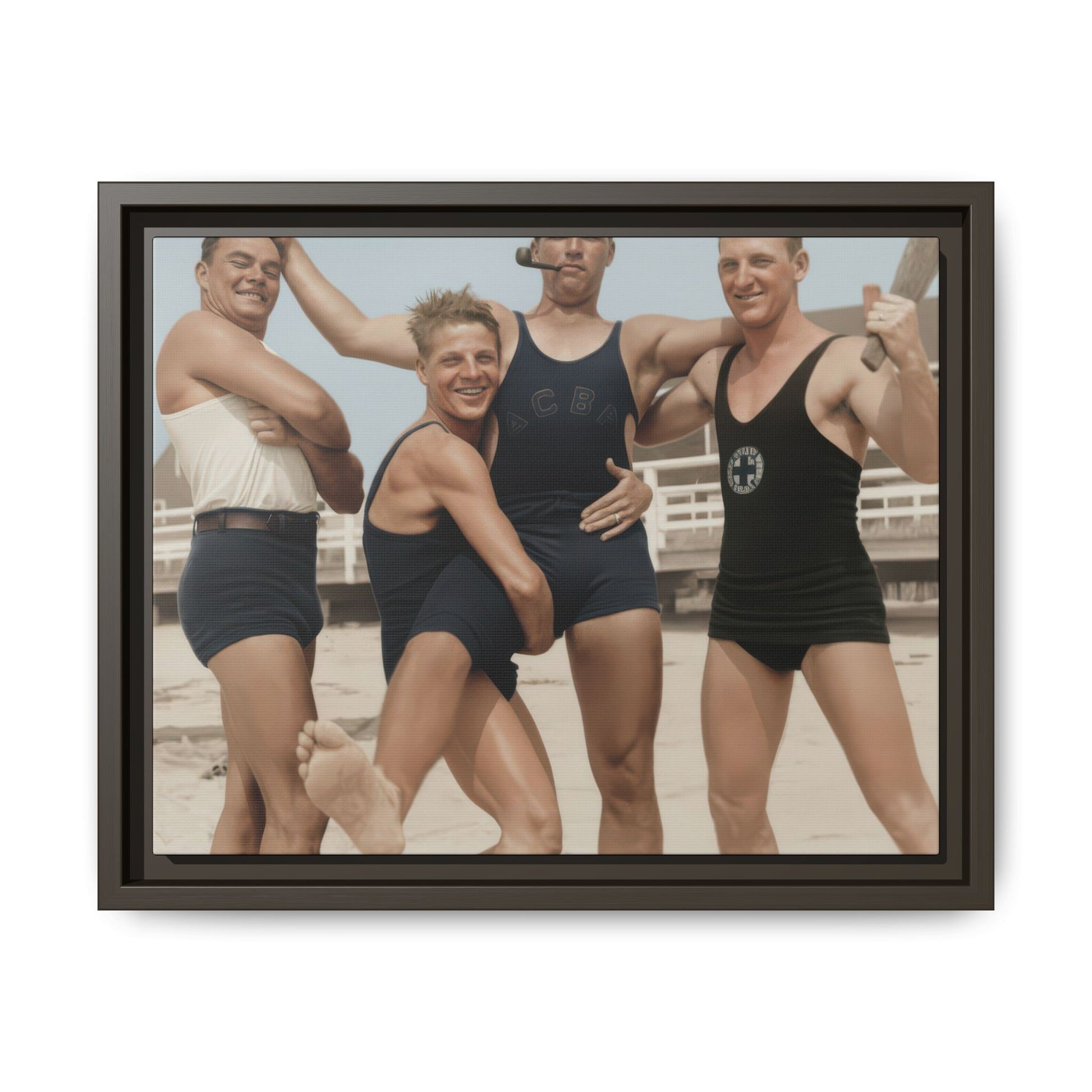 Vintage seaside wall art featuring four men in bathing suits posed in an energetic outdoor scene 