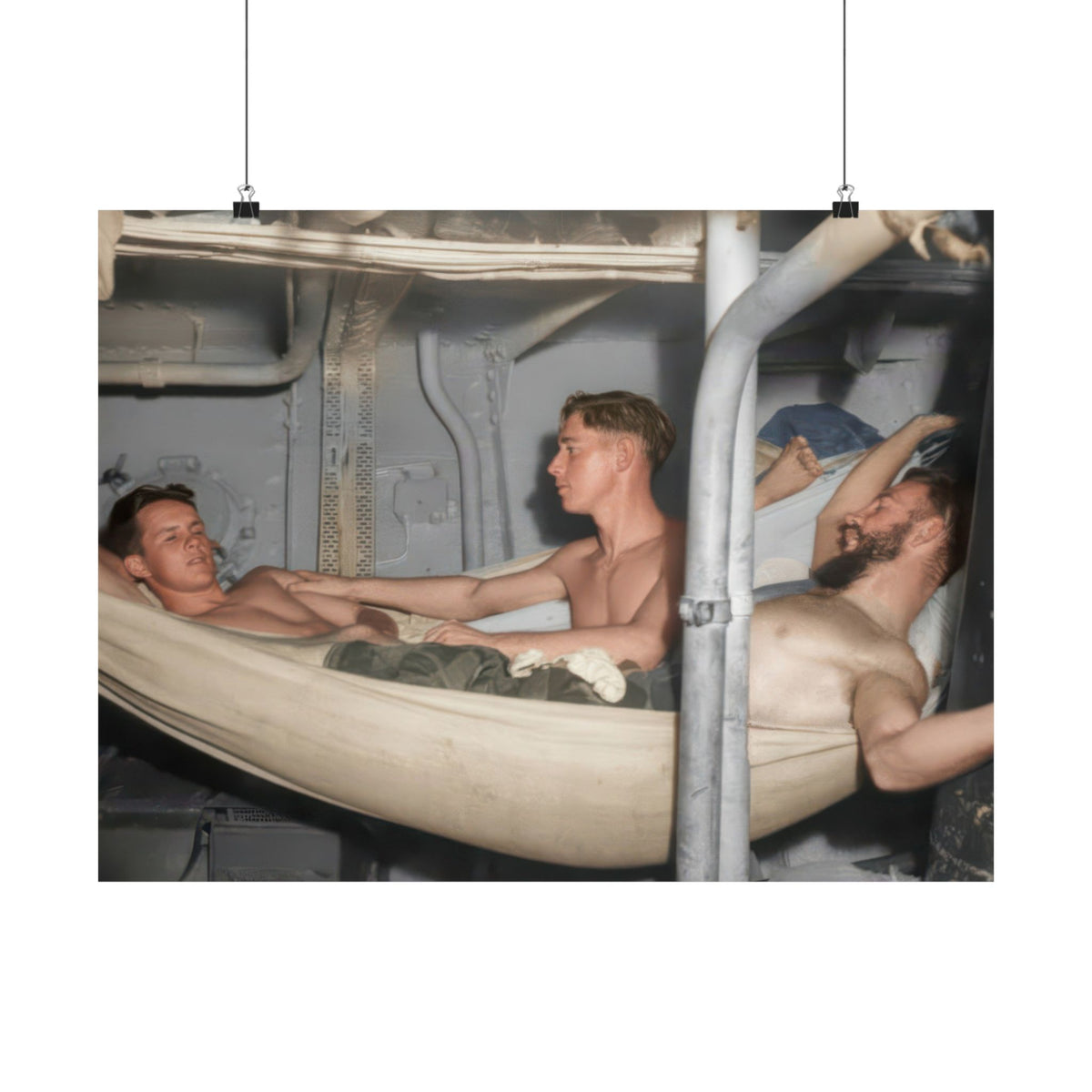 Vintage photography poster reproducing a circa 1915–1925 photograph of men resting among suspended hammocks and exposed pipes.