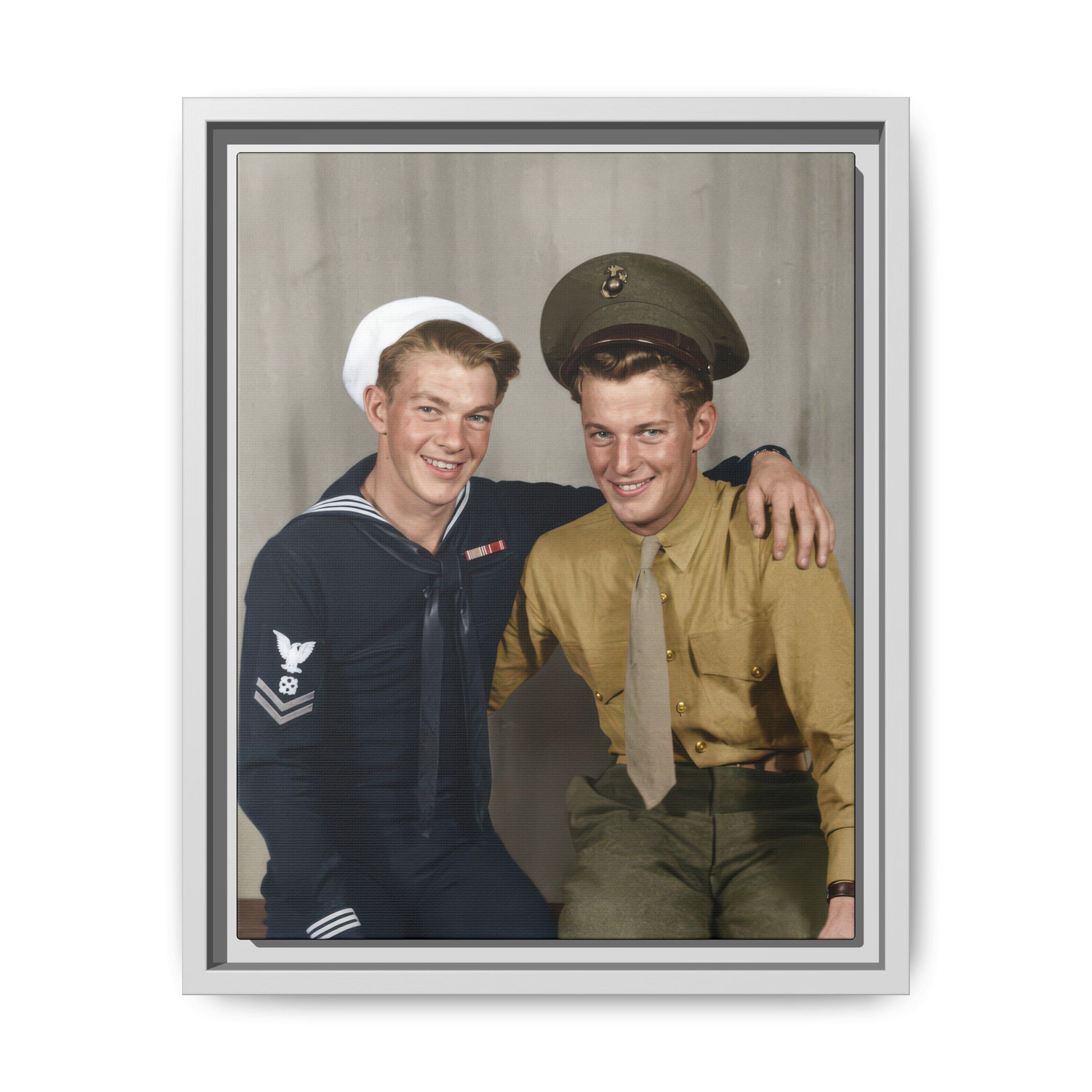 Historical uniform portrait framed canvas wall art with neutral studio backdrop