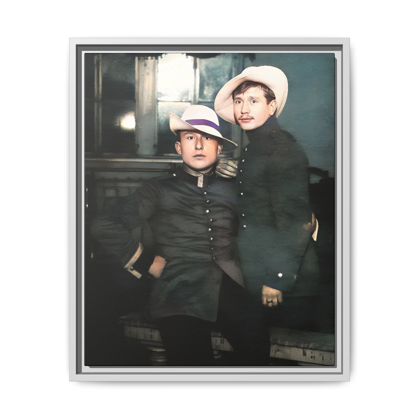 Restored vintage photograph of Flavio and Eustolio, an early 20th-century LGBTQ+ military couple from El Paso, Texas. Displayed as a framed matte canvas print, showcasing timeless love and resilience.