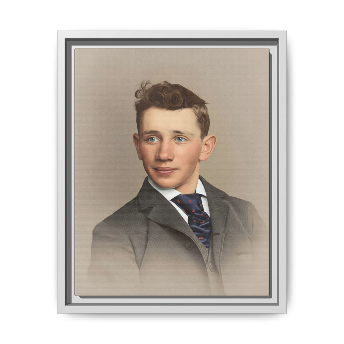 Colorized historical male portrait against a warm beige backdrop, with detailed suit lapels and softly faded lower edges.