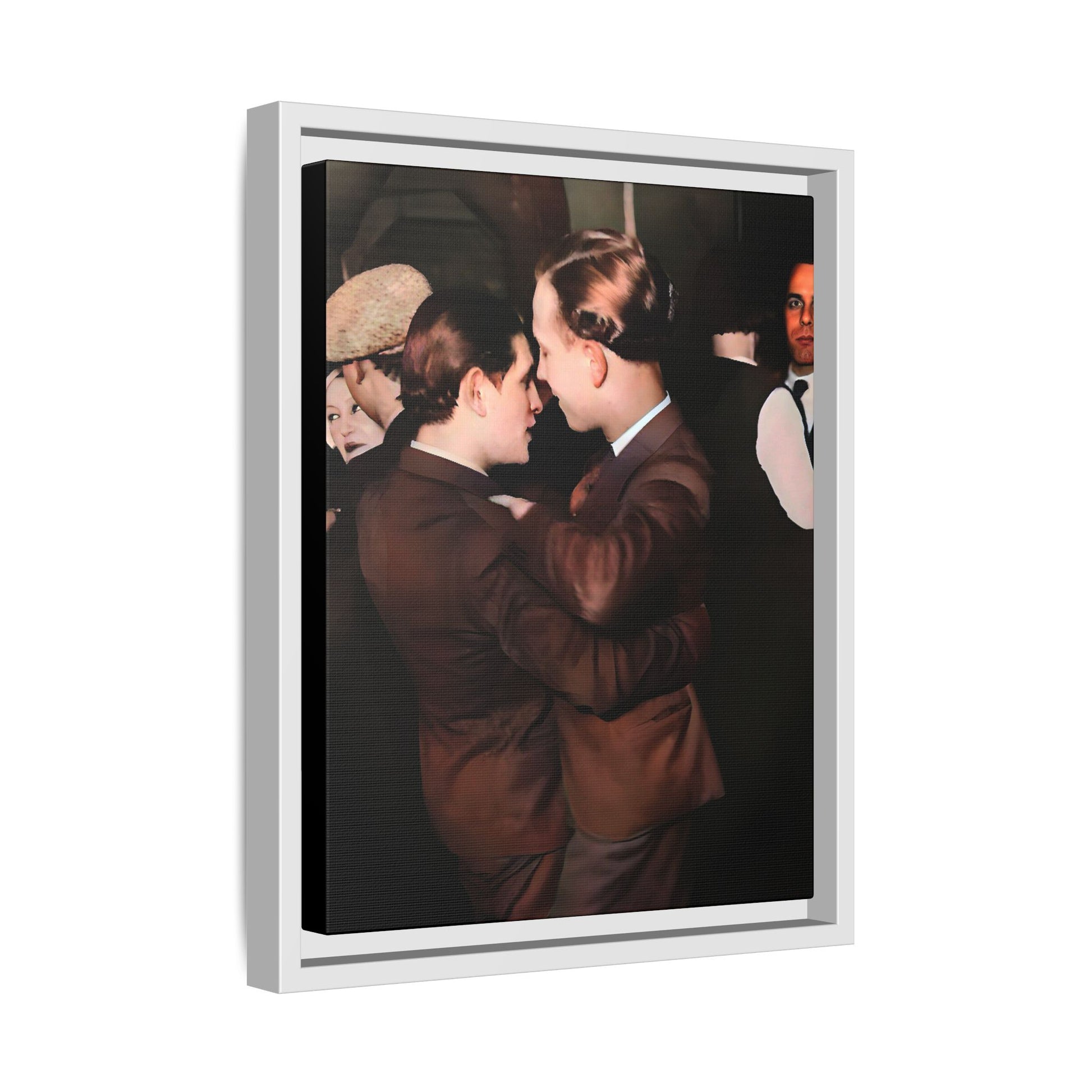 Restored vintage photo of Bernard & Leroy, a gay couple dancing at an elegant gathering in Atlanta GA, framed canvas art.