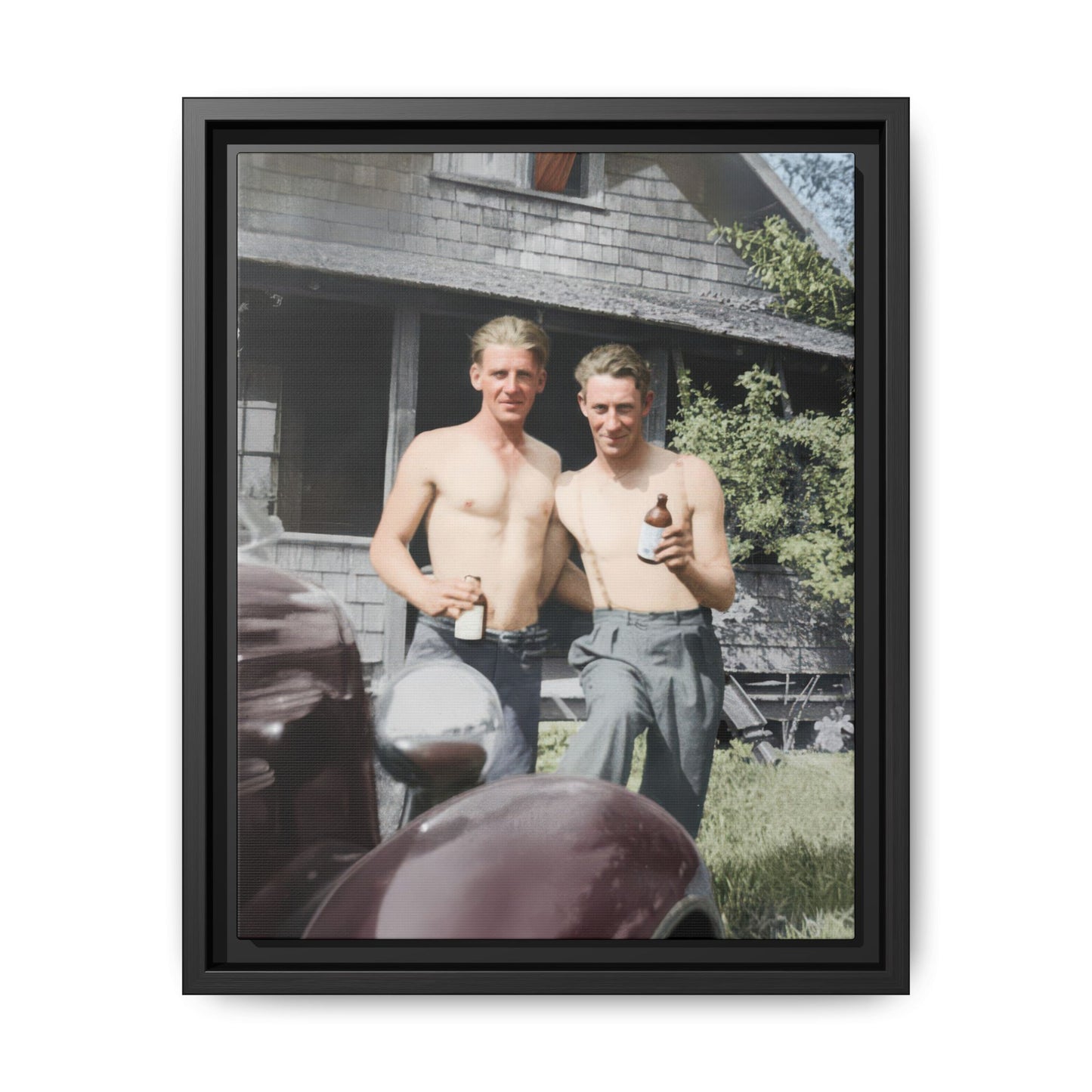 Vintage outdoor portrait of two men beside rustic house and classic car framed canvas wall art