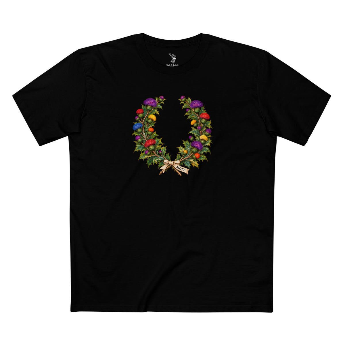 Scottish thistle botanical wreath with violet, pink, blue, red, orange and gold flowers above the Gaelic word Mòit