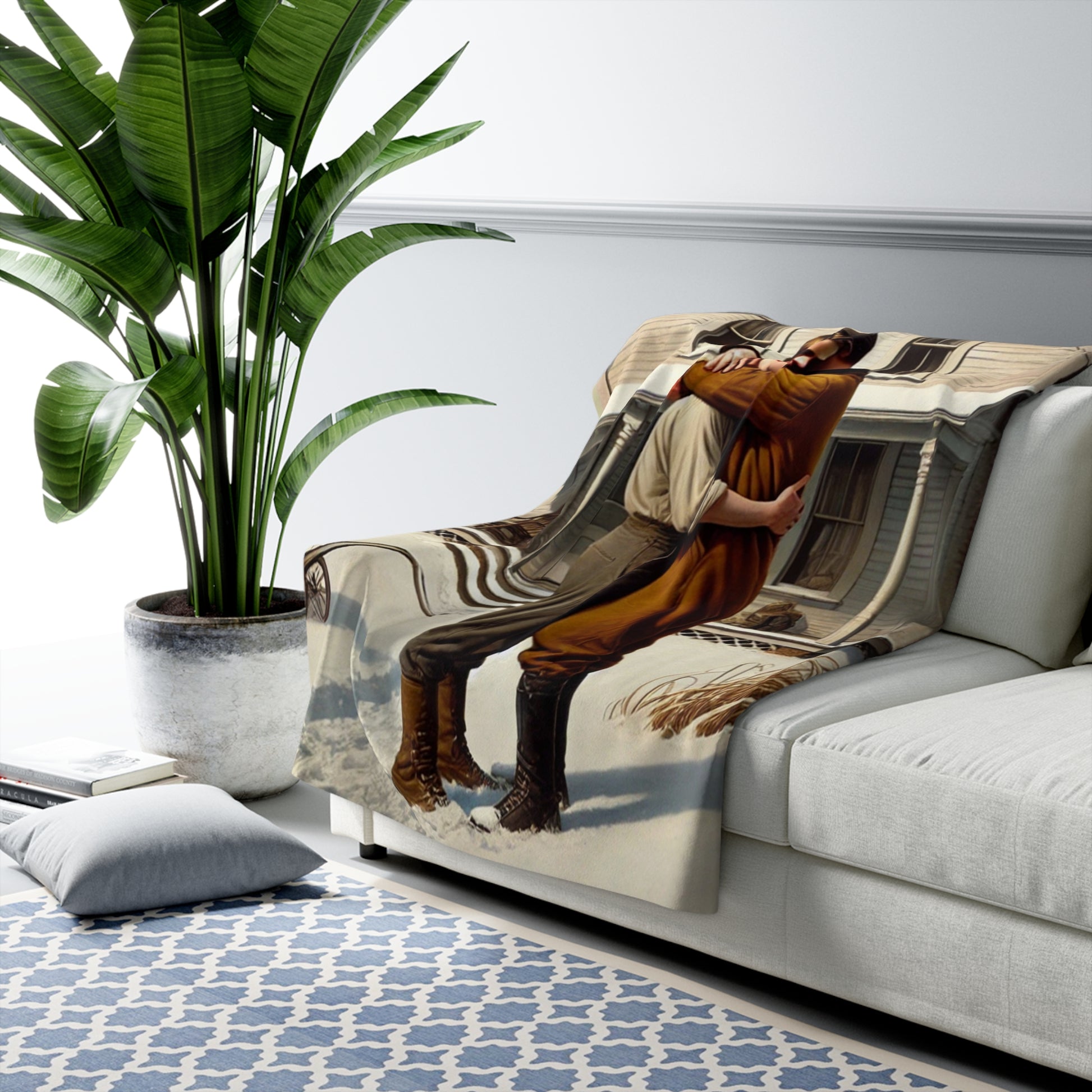 3.	Premium sherpa blanket featuring winter countryside figurative art and nostalgic rural scene 