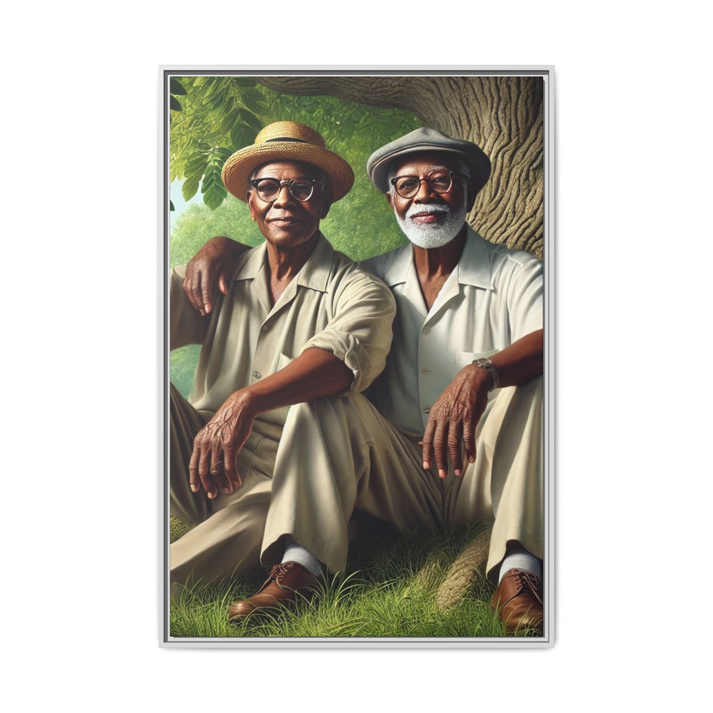 Framed artwork of a gay African-American couple in Cedar Rapids, Iowa, 1930s, celebrating love and resilience.