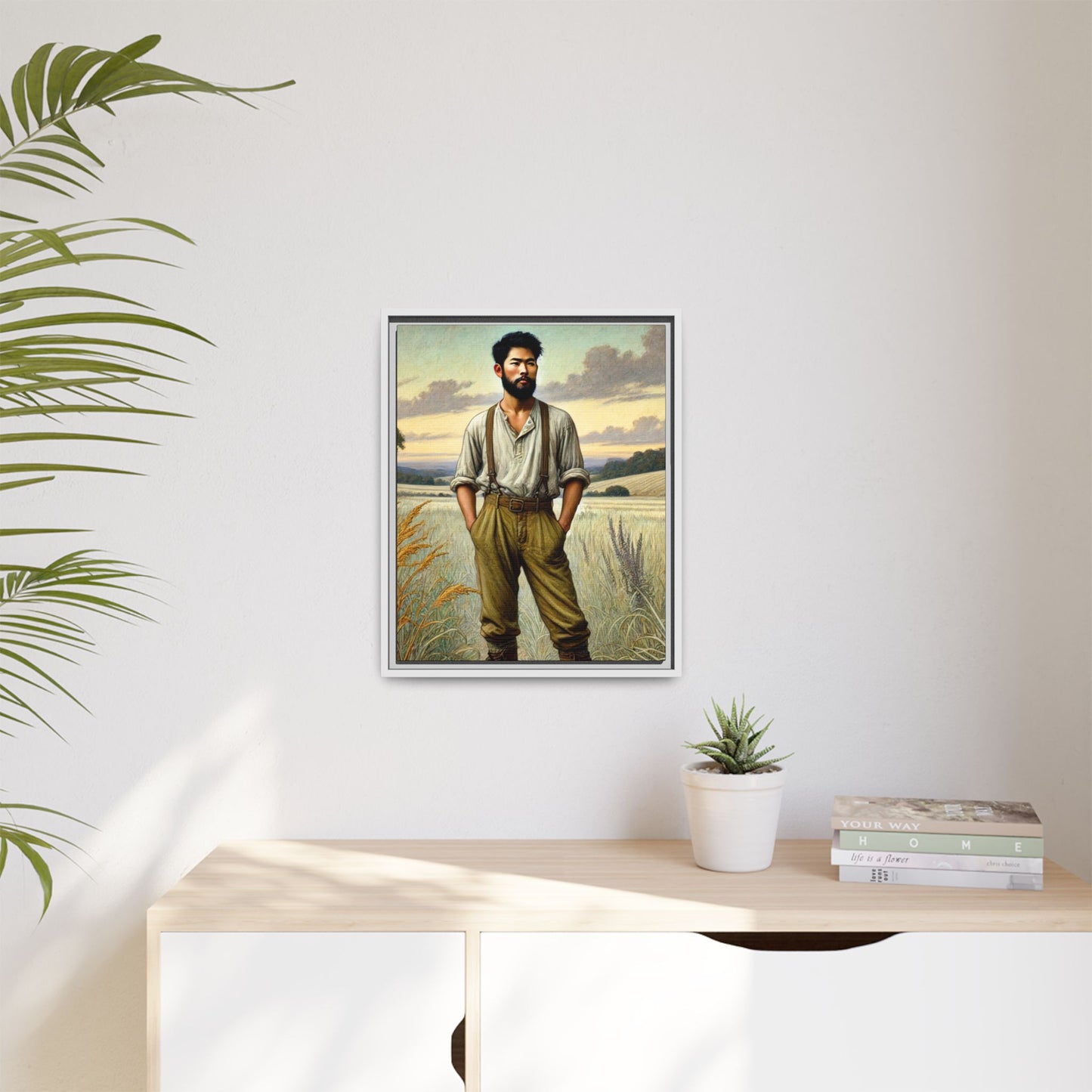 Framed artwork of an Asian-American farmer in 19th-century attire, inspired by Walt Whitman’s Leaves of Grass and Song of Myself, set against a serene rural backdrop of golden wheat fields and rolling hills.